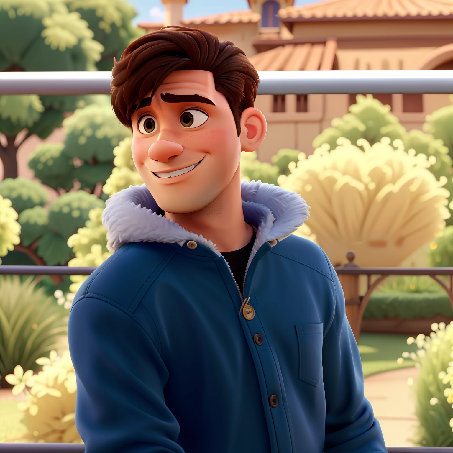 Poster estilo disney pixar. Jovem masculino bonito, brasileiro, Italian descent, 20 anos, cabelos castanhos, cabelo cacheado, olhos castanhos, cabelo taper fade, usando uma jaqueta de couro com capuz cinza