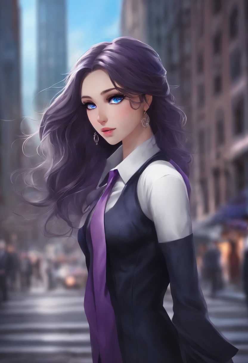 Mulher negra executiva, muletante, Anime Standing On City Street With Long Hair And Blue Eyes, Trend in Artstation Pixiv, Purple eyes, Gravata Azul, Beautiful (Olhos detalhados, Rosto detalhado,) Ahegao, Euladef, Temperamento nobre, salto alto, no watermark