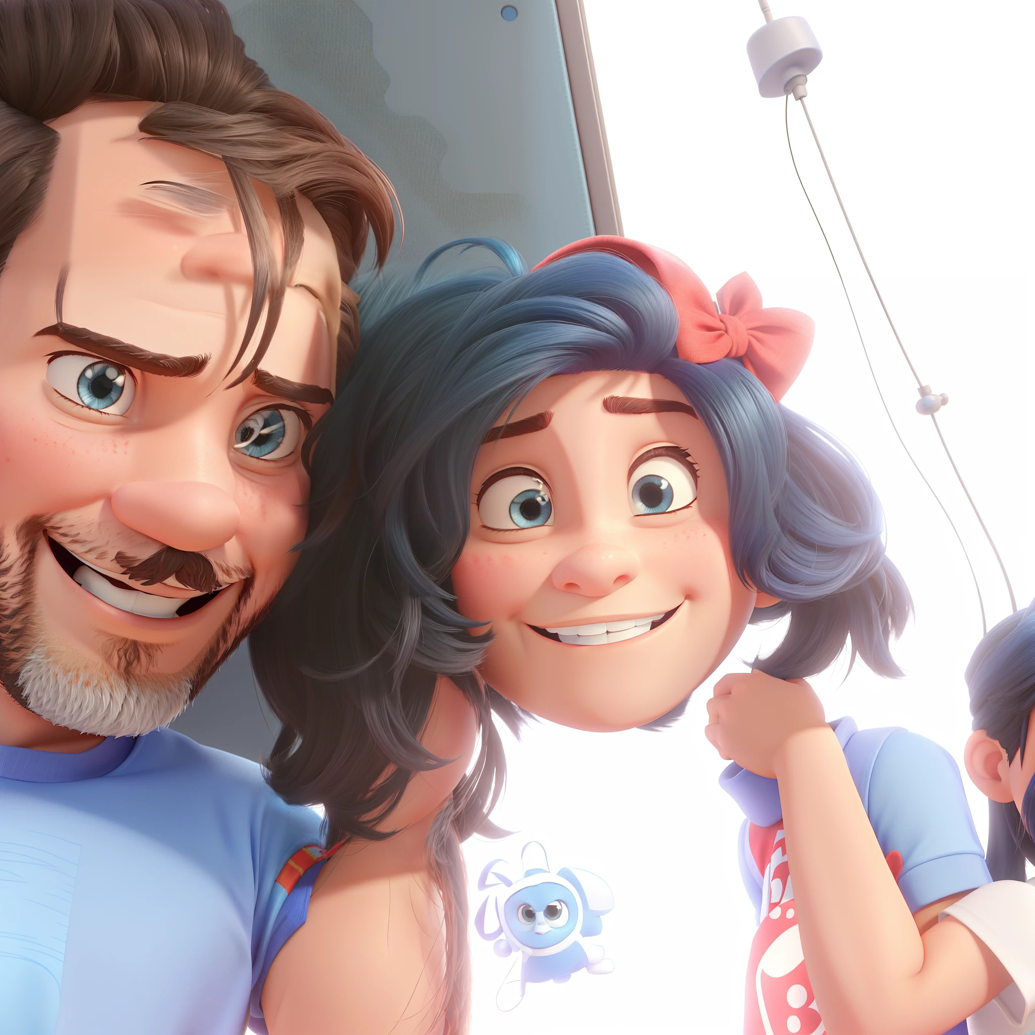 Imagem pixar em 3D de um homem moreno cabelo raspado, barba raspada, sorrindo, camiseta azul e uma pixar de 5anos, branca, cabelo curto cacheado, sorridente