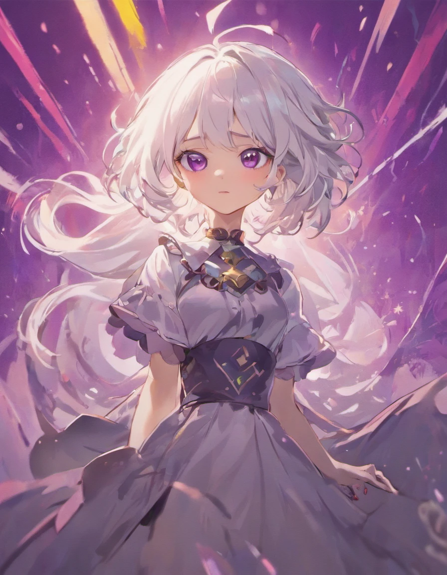 (masterpiece, best quality, ultra-detailed, best shadow), (detailed background,dark fantasy), (beautiful detailed face), high contrast, (best illumination, an extremely delicate and beautiful), ((cinematic light)), colorful, hyper detail, dramatic light, intricate details, (solo, sharp fcce, pointed purple eyes, white eyebrows, white eyelashes, dynamic angle, 1woman, adult, long white hair, purple eyes, black dress, short sleeves, white collar, looking at viewer, mature, serious expression, sharp eyes) view from waist upwards