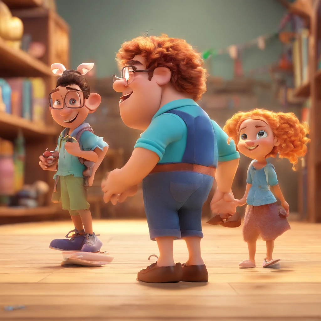 Crie um cartaz inspirado na Disney Pixar com dois personagens, um homem de cabelo curto e franja, uma menina linda de cabelo castanho claro dividido no meio, os dois formam um casal de jovens adultos, mostre eles em uma floresta com um lago no meio, mostre eles sorrindo, Don't show any with glasses