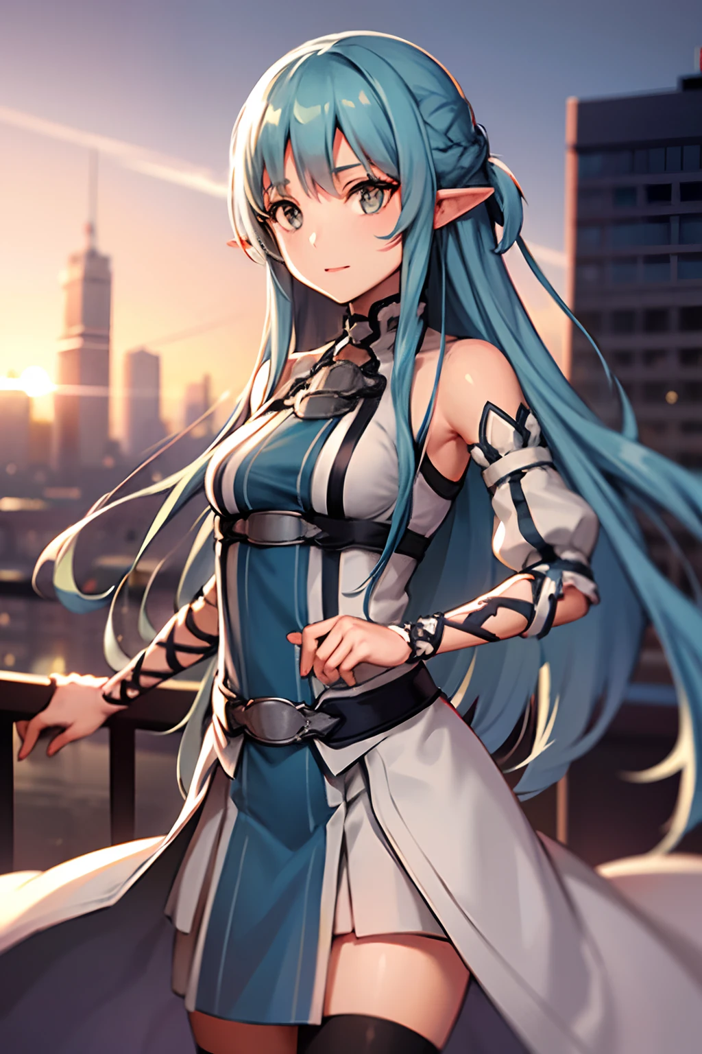 original outfit, 1girl, long hair, solo, detached sleeves, cityscape,