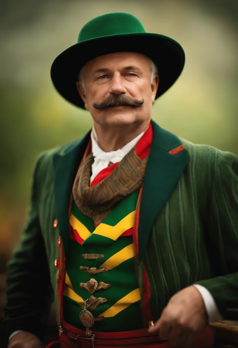 Fritz wearing green hat with black, yellow and red stripes, Oktoberfest style