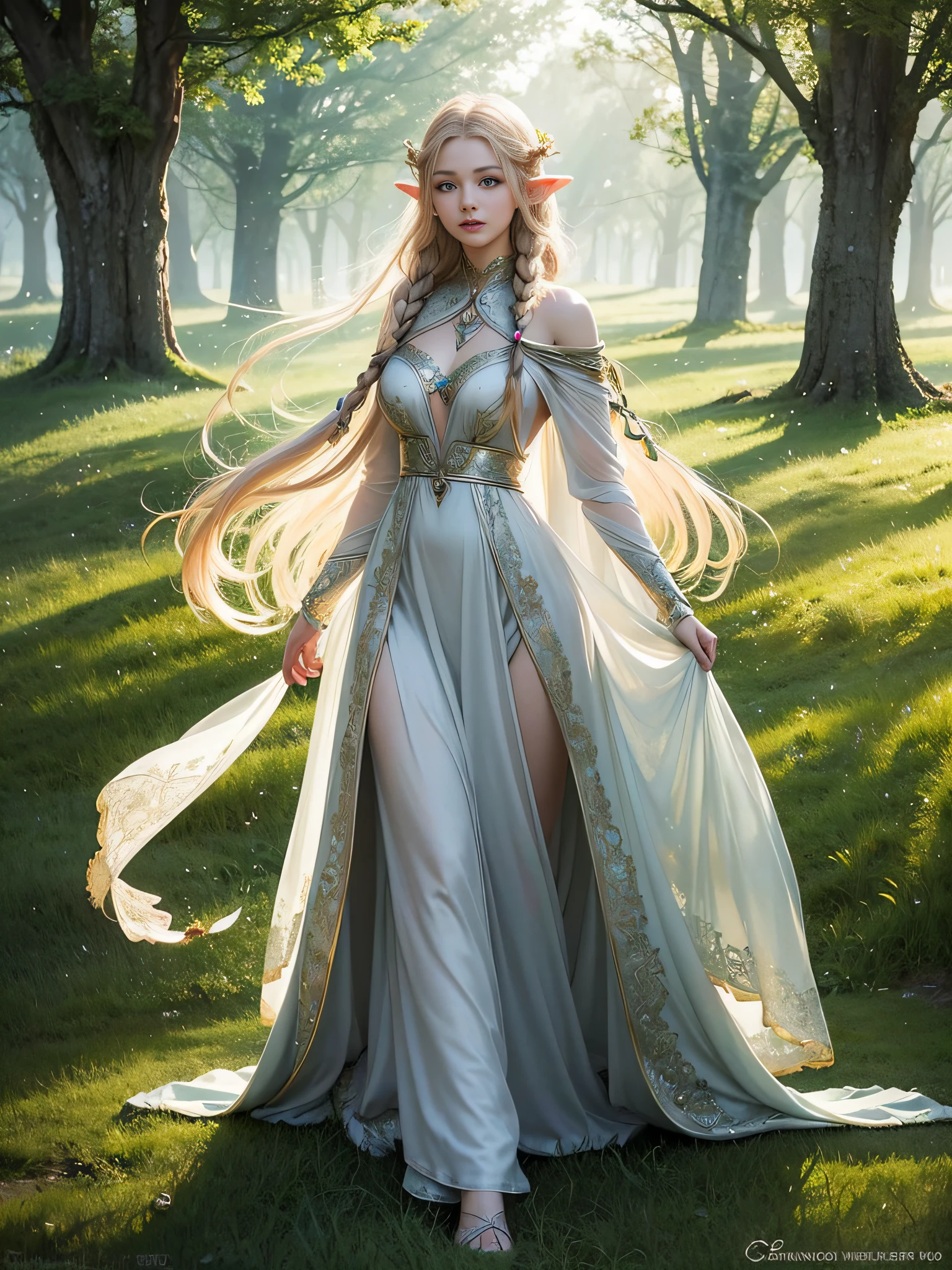 Graceful elven girl standing in meadow, Delicate face illuminated by the soft light of the setting sun. Her long, Flowing hair runs down your back, Decorated with intricate braids、Adorned with sparkling gemstones. This stunning picture is、、It captures the ethereal beauty of elves. Slender figure in a silk dress、Swaying in the soft steppe breeze. Attention to detail、Face that is、It is evident in the intricate patterns of the dress and the subtle highlights of the luminescence. skin. The breathtaking portrayal of the elven girl is、、Create an enchanting atmosphere、It invites the viewer to a magical world.