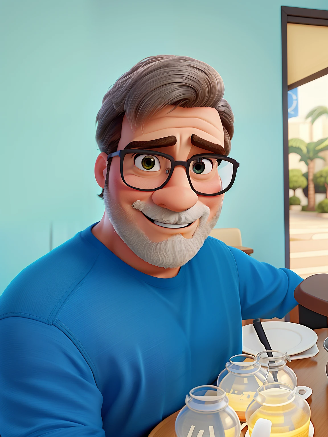 Poster no estilo Disney pixar, alta qualidade, melhor qualidade, homem sexy branco, 30 anos cabelo grisalho barba preta, com fundo em um restaurante a luz de velas