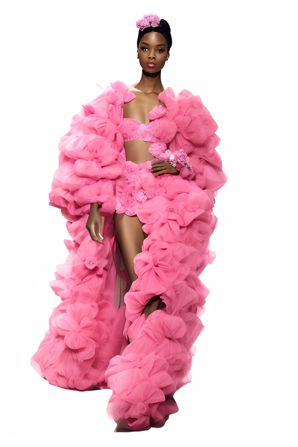 Araffe usando um vestido rosa e um tiable com um tiable, Pelo cor-de-rosa, Alta costura fashion, vibe rosa, inspirado por Abraham van Calraet, inspirado em Rose Henriques, made of cotton candy, inspired by João Artur da Silva, pelo fofo rosa, inspirado em Juan Carlos Stekelman, fantasia de alta moda vestido COM FLORES DE TECIDO muitas flores grandes de tecido