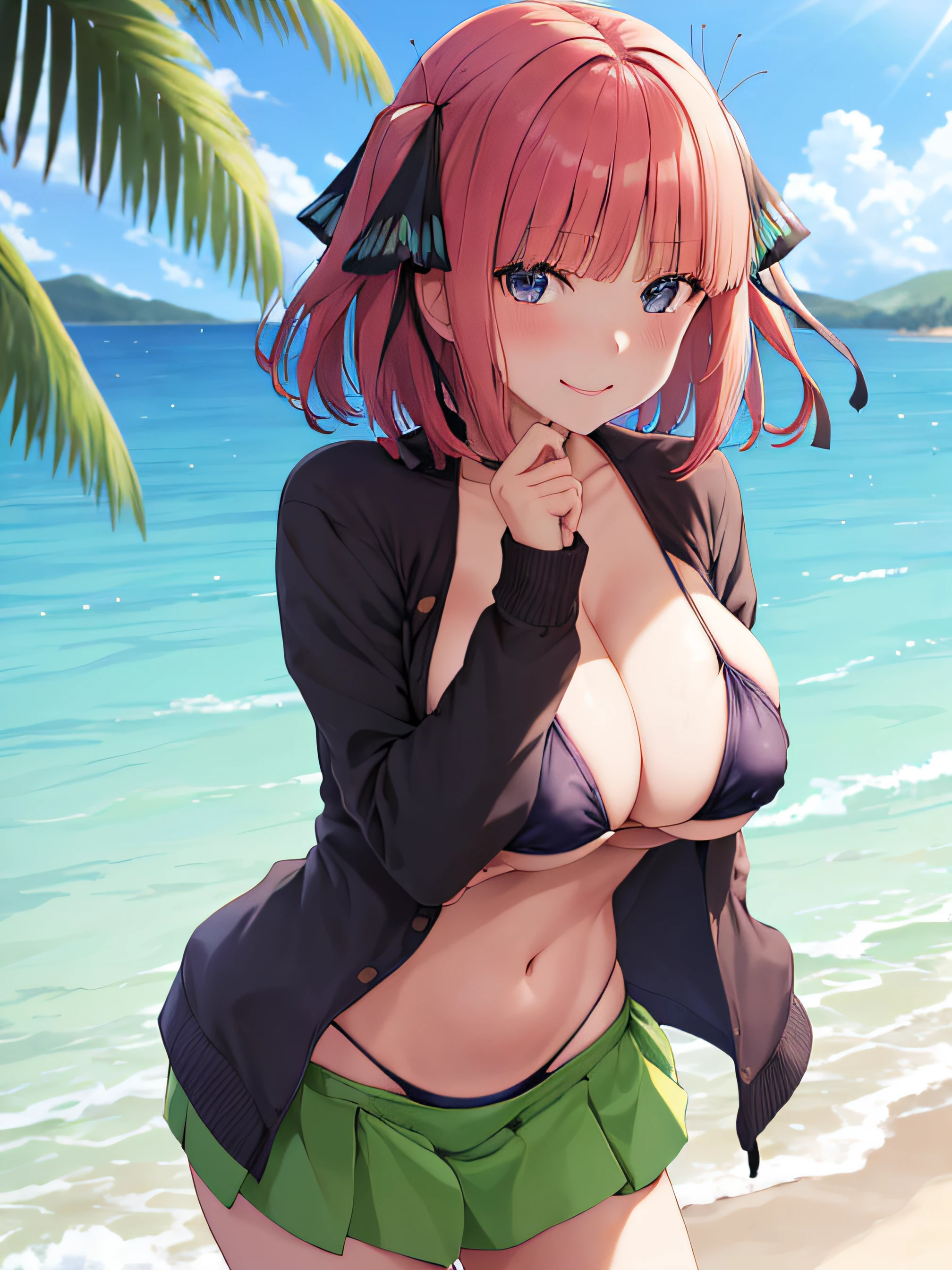 masterpiece, top-quality, Hi-Res, nn1, 1girl, Hair Ribbon, short-hair, Green skirt, white shirt, Black cardigan, Open clothes, white thighhig, long-sleeve, cowboy shot, is standing, wave her hand, Anime girl in bikini with long hair standing on the beach, Seductive Anime Girl, realistic bikini, Swimsuit, marin kitagawa fanart, in a sunny day, charming anime girls, Smooth Anime CG Art, Rin, Beautiful anime girl, Fine details. girls' frontline, in bikini, pretty anime girl, attire: bikini of, Anime Best Girl, Anime visuals of cute girls, I'm smiling at you, 1girl in,huge-breasted, hanging breasted, huge-breasted, bikini nagatiti,look at viewr, They are smiling, Skysky,ocean,Swimsuit under clothes, From above, Nipple adjustment, Areola,big areolae, swollen ,,