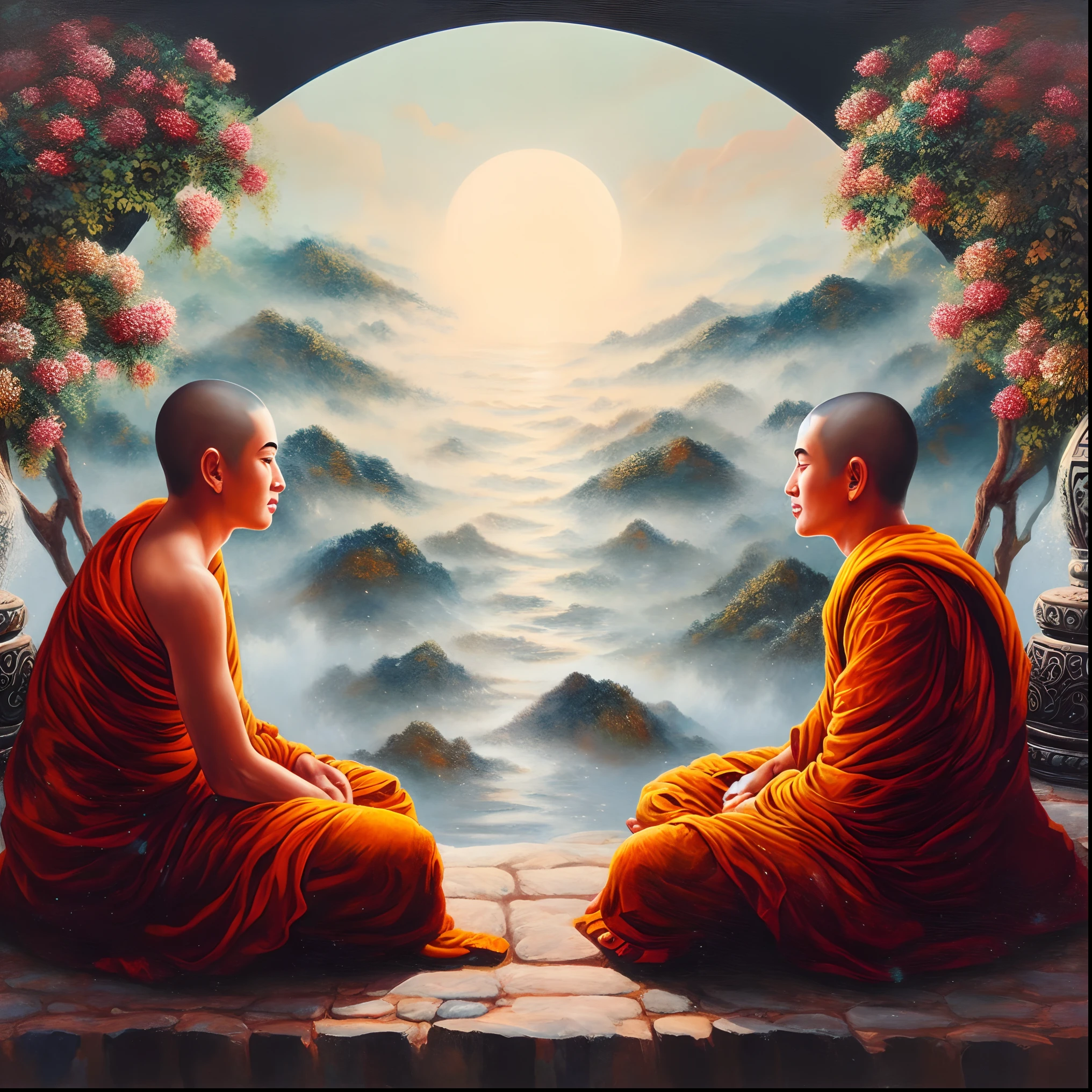painting of two monks sitting on a ledge looking at the mountains, on path to enlightenment, on the path to enlightenment, buddhist, buddhism, spiritual enlightenment, monk meditate, monks, enlightenment, serene expression, samsara, inspired by the Brothers Hildebrandt, inspired by Brothers Hildebrandt, by Ma Quan, buddhist monk meditating, enlightenment. intricate, buddhist art, monk