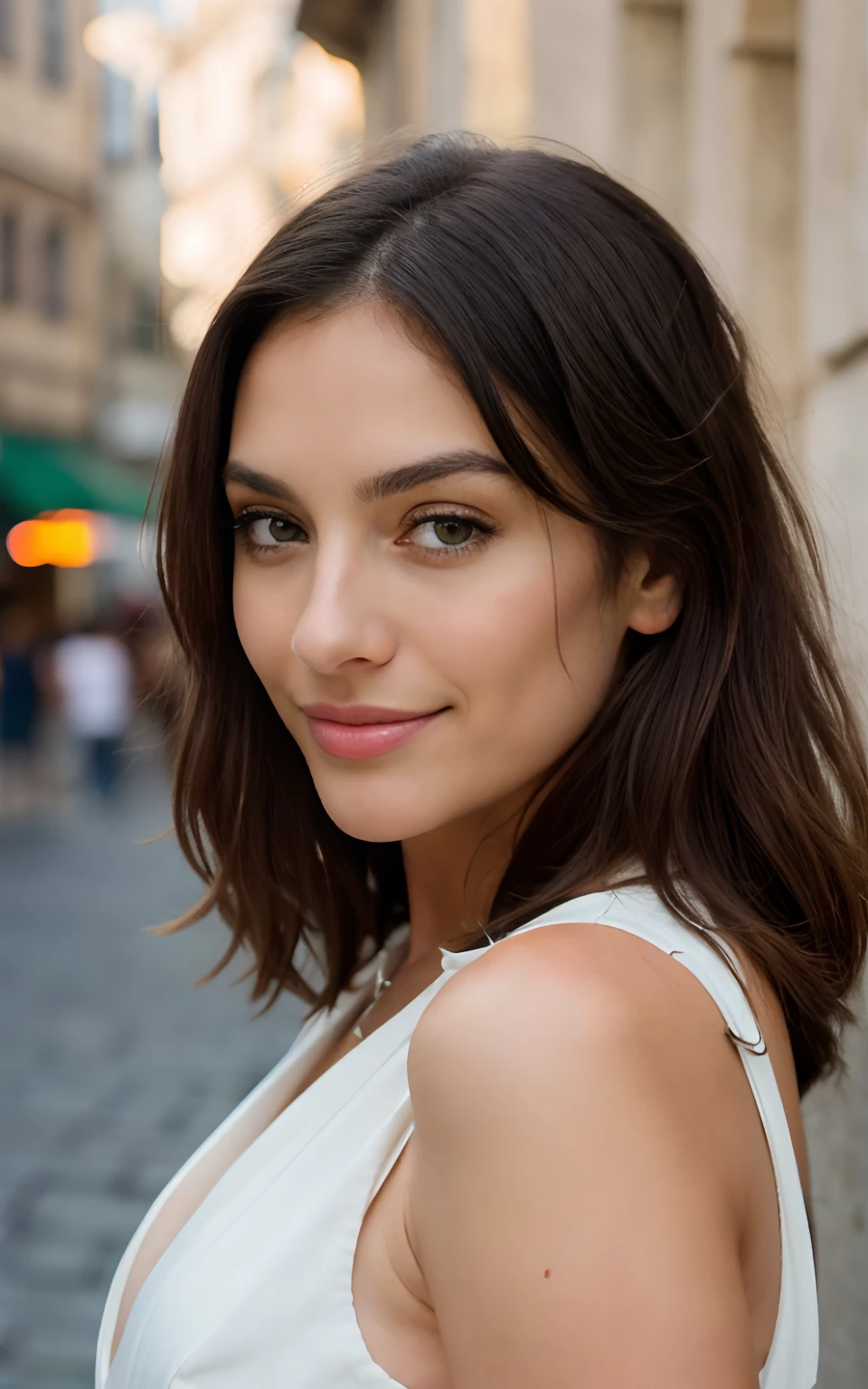 beautiful brunette wearing light dress, full body in Italian City very detailed, 31 years old, big lips, long nose,wearing natural makeup,innocent face, natural dark long hair, green eyes, high resolution, masterpiece, best quality, intricate details, highly detailed, sharp focus, detailed skin, realistic skin texture, texture, detailed eyes, professional, 4k, charming smile, shot on Canon, 85mm, shallow depth of field, kodak vision color, perfect fit body, extremely detailed, foto_\(ultra\), photorealistic, realistic, post-processing, maximum detail, roughness, real life, ultra realistic, photorealism, photography, 8k uhd, photography