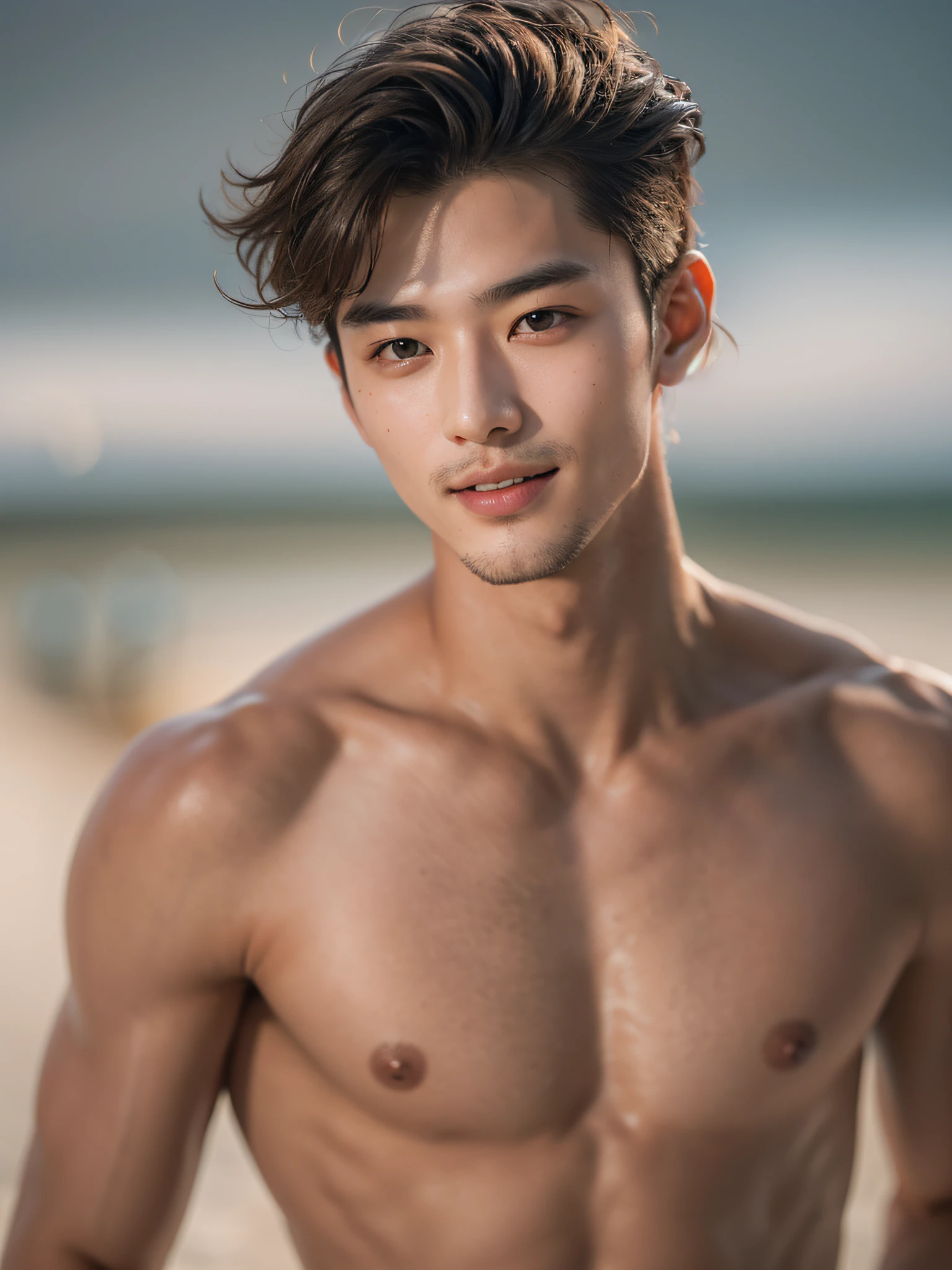 Cinematic soft lighting illuminates a stunningly detailed and ultra-realistic handsome Chinese male supermodel, beach look, ultra short messy light brown hair, clear honey eyes, captivating perfect smile, sensual, hot man, insanely handsome, slim body build, slender, toned, full body, , peni, photography, masterpiece, detailed face, detailed eyes, detailed hands,