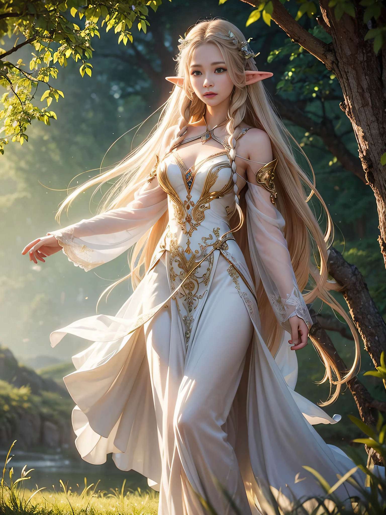 Graceful elven girl standing in meadow, Delicate face illuminated by the soft light of the setting sun. Her long, Flowing hair runs down your back, Decorated with intricate braids、Adorned with sparkling gemstones. This stunning picture is、、It captures the ethereal beauty of elves. Slender figure in a silk dress、Swaying in the soft steppe breeze. Attention to detail、Face that is、It is evident in the intricate patterns of the dress and the subtle highlights of the luminescence. skin. The breathtaking portrayal of the elven girl is、、Create an enchanting atmosphere、It invites the viewer to a magical world.