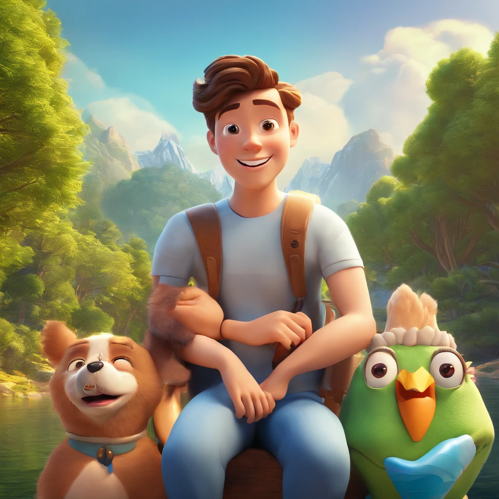 Create a poster inspired by Disney Pixar with two characters, a man with short hair and bangs, a beautiful girl with light brown hair parted in the middle, the two form a couple of young adults, show them in a forest with a lake in the middle, show them smiling, don't show any with glasses