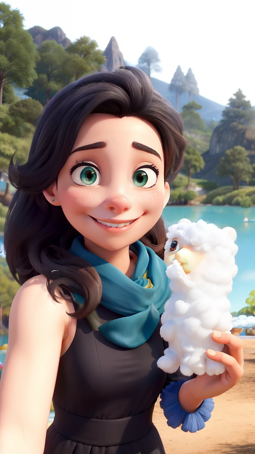Obra-prima, de melhor qualidade, uma jovem sorrindo com nariz levemente avermelhado olhos castanhos, well-defined lips, in a black dress and blue scarf around her neck, unhas verdes, Standing in the park with a lake, holding a cotton candy.