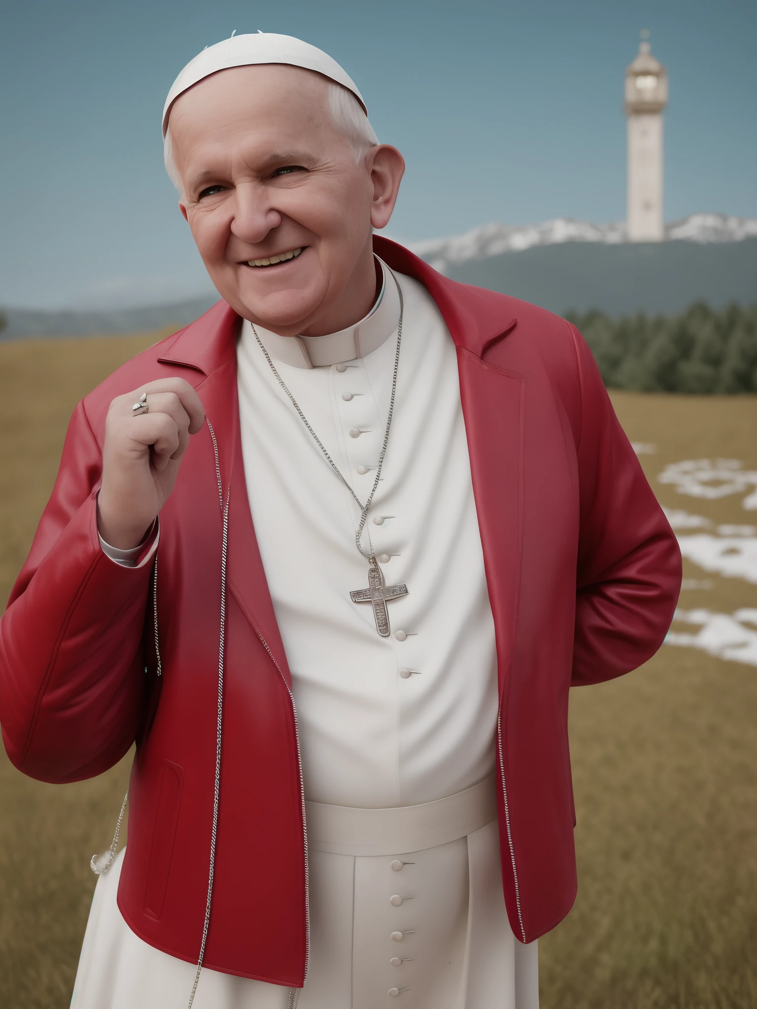 Pope John Paul II wearing thick red chain jacket with pendant rapper dancing and smiling, paisagem de tempestade e nuvens. Render 3d, renderizar fotorrealista, foto hd