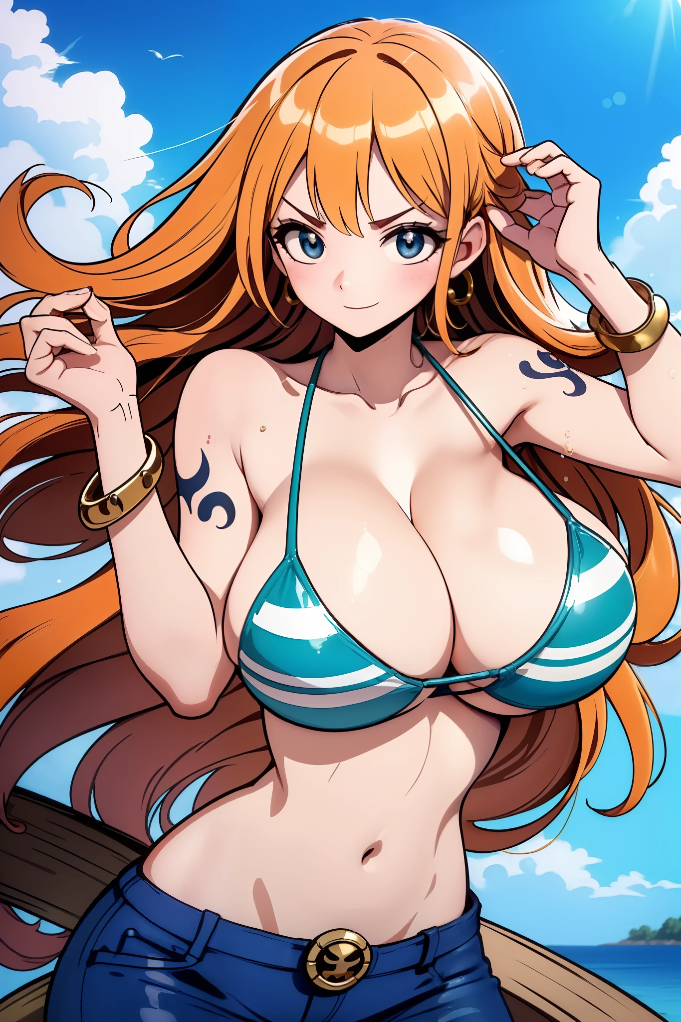 ((巨作)) ((Best Quality)) ((A highly detailed))  ((1Woman)) ((bikini)) ((bikini top only)) ((orange long hair)) ((silky long hair)) ((Right shoulder tattoo))  ((tall ;)) ((One Piece Nami)) ((Nami)) ((wet body)) ((big tits))  ((Attractive eyes)) ((sharp eyes)) ((slim body)) ((High-precision shades)) ((Attractive colors)) ((sky blue)) ((Log pose on her hand)) ((gold bracelets)) , tight , Low length jeans , Light shadows