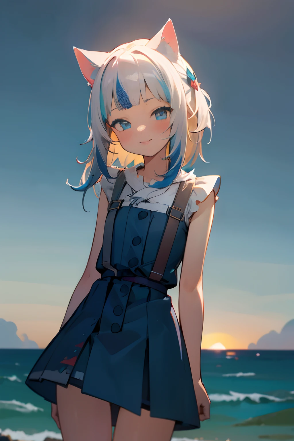 ((Gawr gura)), ((masterpiece)), wide shot, (Professional Photography:1.2), gura_neko, blue dress, cute pose, put on cat ears, (ultra-detailed), (incredibly absurdres), 8K, (cinematic lighting),1girl, solo, flat chest, (blush,smile), blue ocean+background,female focus,{light particles},detailed background, Soft Lighting, sunset, (wind blows)