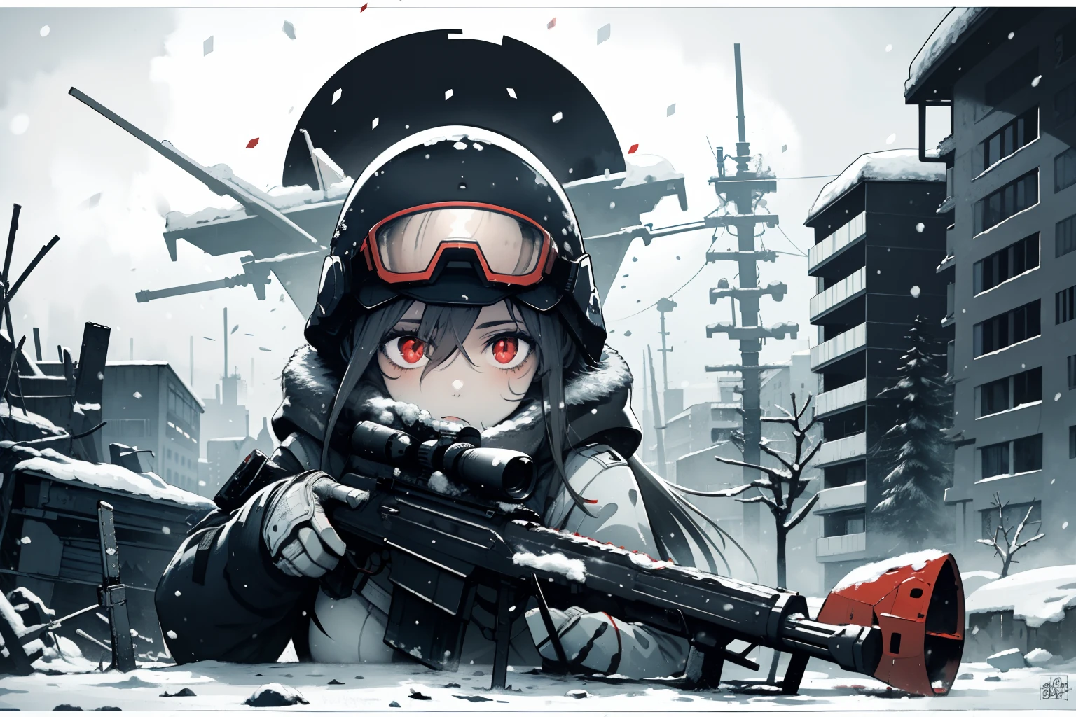 masterpiece, best quality, 1girl, closeup, 1girl, snipler, white outfit, (red goggles), holding a sniper rifle, 50Caliber, winter, snowstorm, snowfall, white, city ruins, desolate, watercolor, sketch