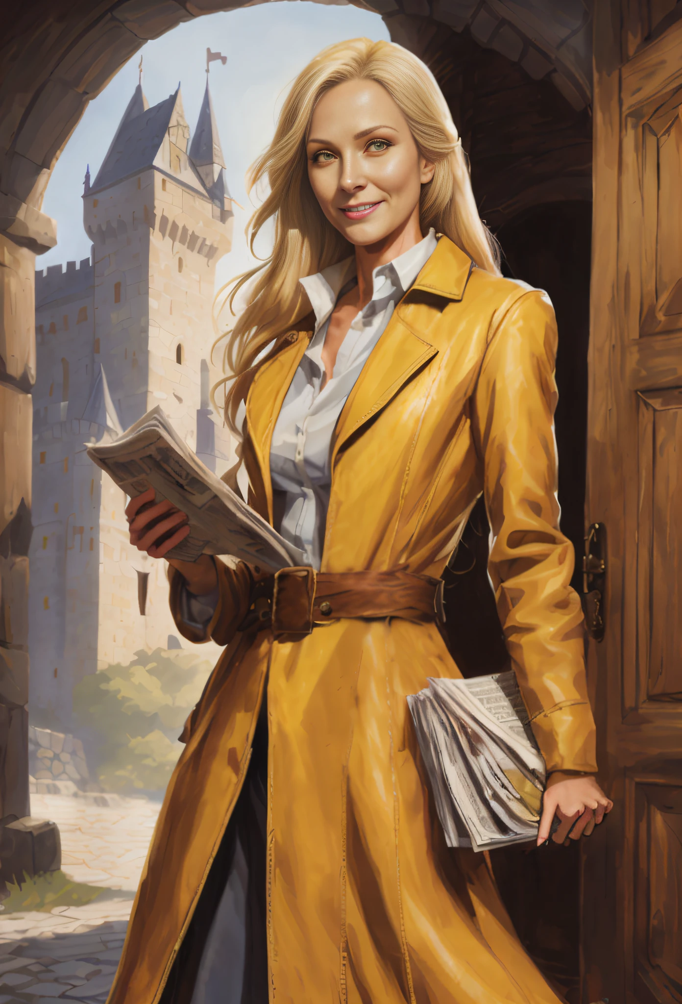 Fantasy dungeons and dragons artwork depicting a middle-aged woman with long straight blonde hair and (yellow eyes), she is wearing a well-tailored leather coat over a white dress, she is standing outside the large wooden door of a beautiful castle, she is smiling and holding a stack of newspapers under her arm, ((perfect hands)) ((perfect face))