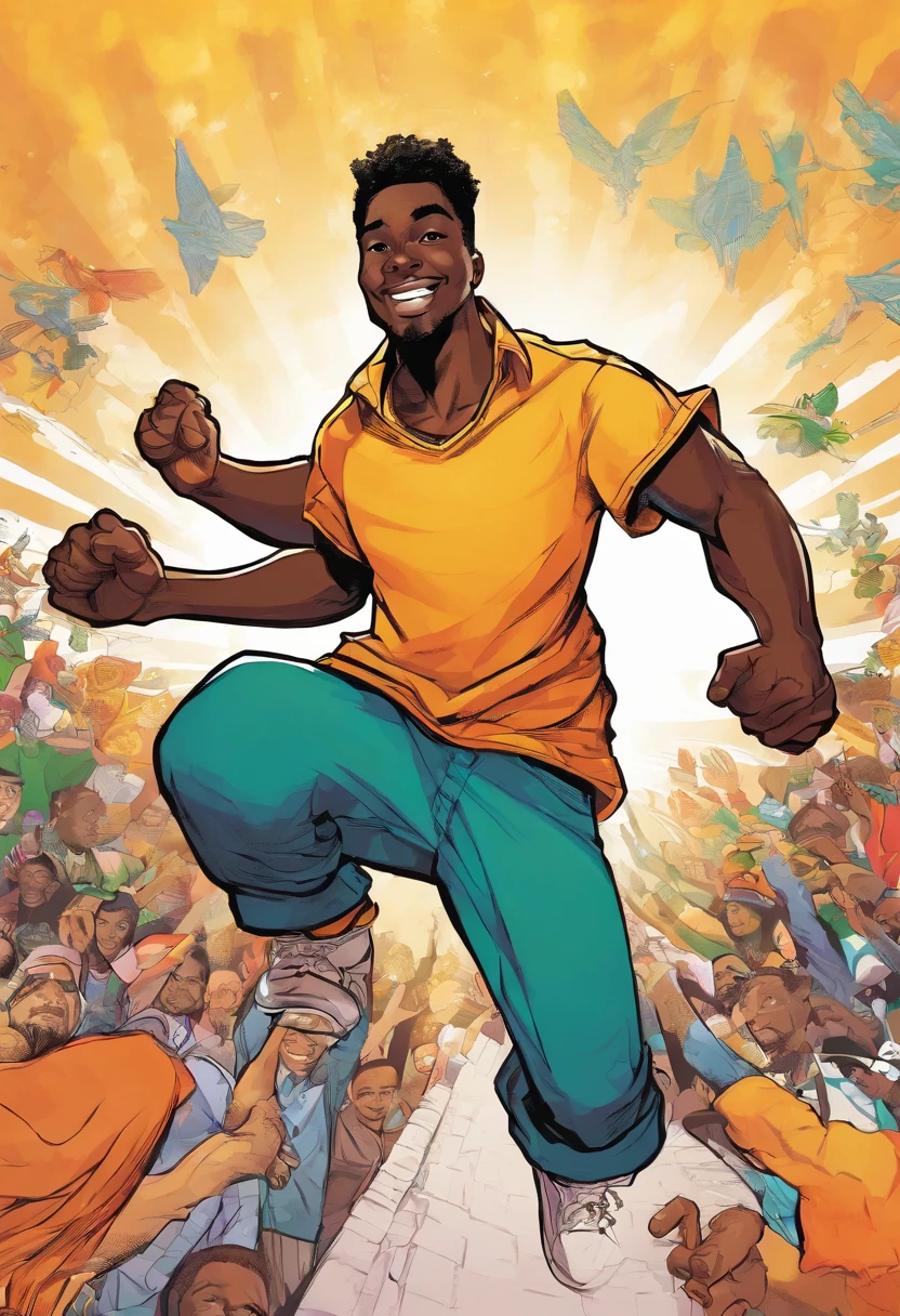 a close up of a dark skin person wearing casual clothes,arms wide open , happy