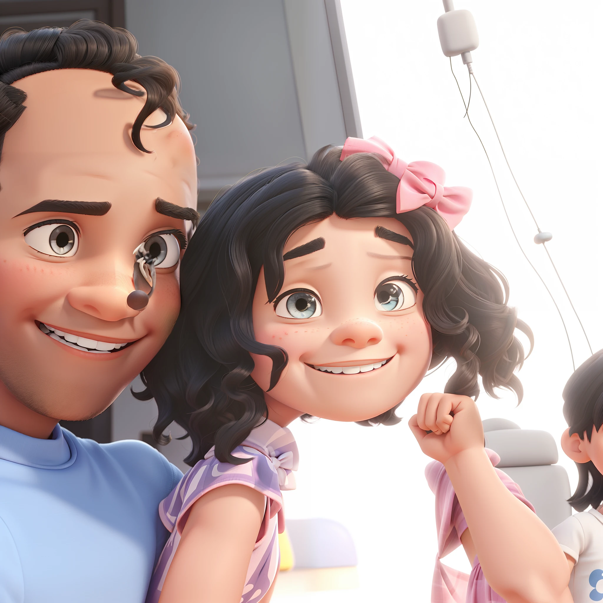 Pixar homem negro, testa enrugada, sem cabelo, Smiling with white 5 year old girl wavy short hair and close bow in hair and children in background