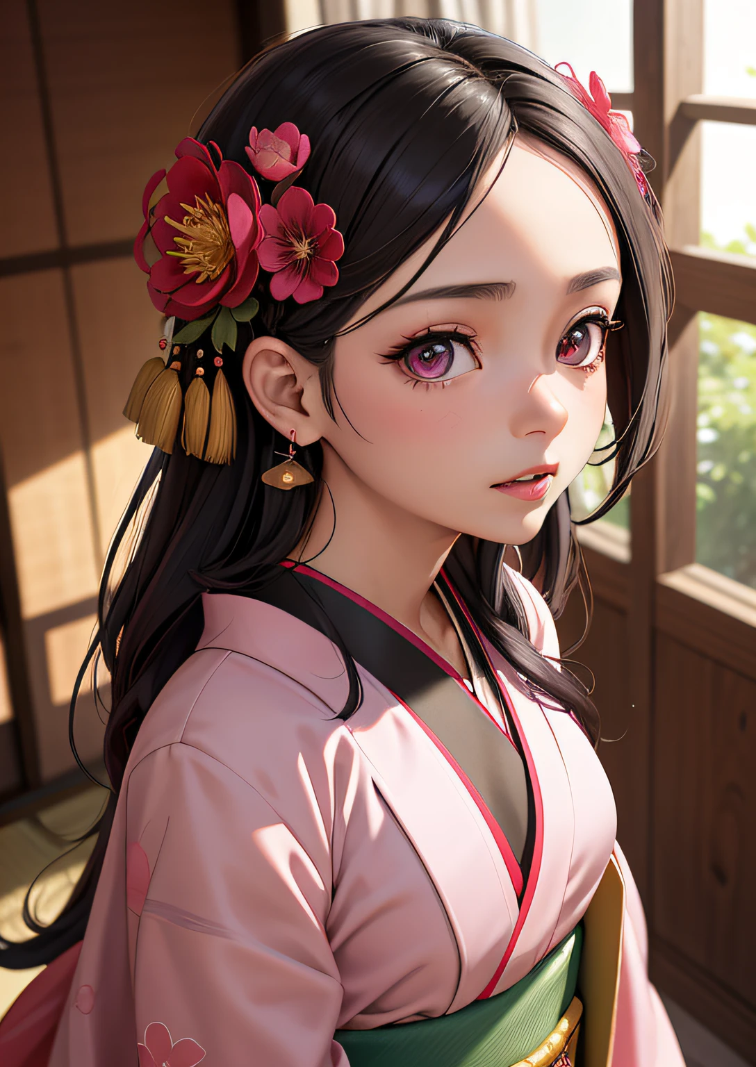 Obra maestra, (kimono rosa), Rostro seductor, Senos grandes con escote,good lighting, escote, small detailed, Obra maestra, ojos brillantes, 1girll, cabello negro, en la cara, Nezuko Kamado, Antecedentes de glicinia, La mejor calidad, view angle,
