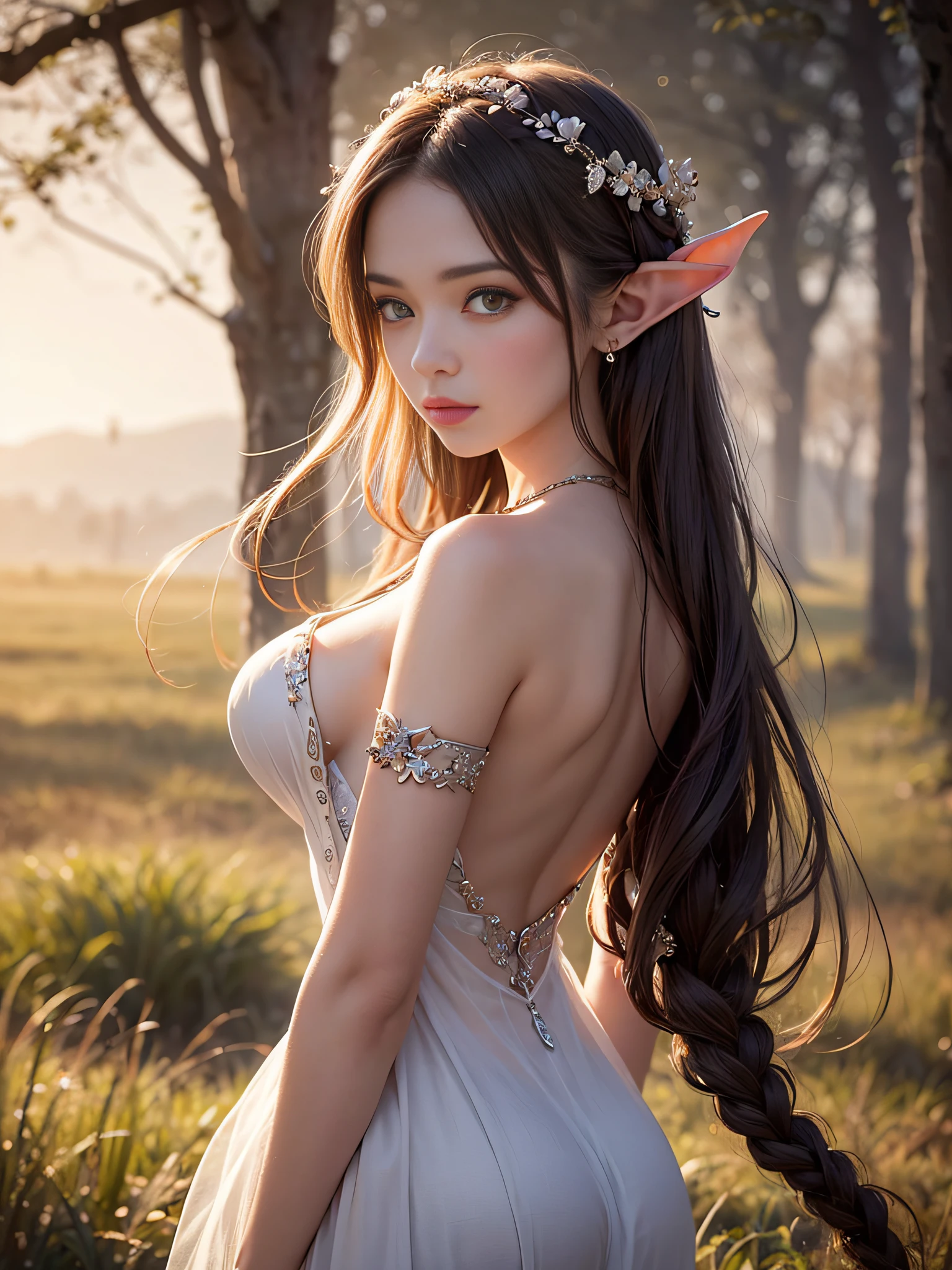 Graceful elven girl standing in meadow, Delicate face illuminated by the soft light of the setting sun. Her long, Flowing hair runs down your back, Decorated with intricate braids、Adorned with sparkling gemstones. This stunning picture is、、It captures the ethereal beauty of elves. Slender figure in a silk dress、Swaying in the soft steppe breeze. Attention to detail、Face that is、It is evident in the intricate patterns of the dress and the subtle highlights of the luminescence. skin. The breathtaking portrayal of the elven girl is、、Create an enchanting atmosphere、It invites the viewer to a magical world.
