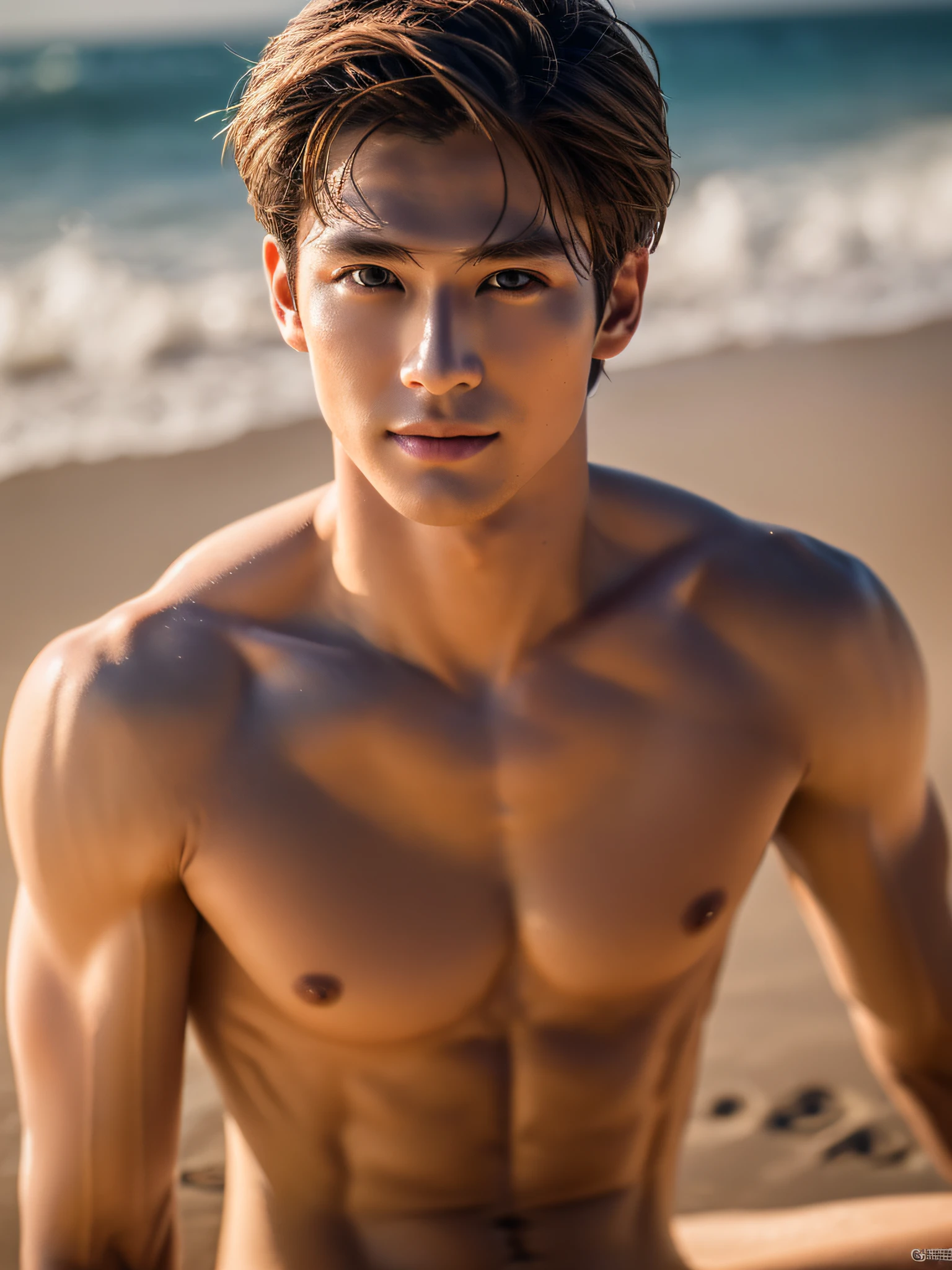 Cinematic soft lighting illuminates a stunningly detailed and ultra-realistic handsome Chinese male supermodel, beach look, ultra short messy light brown hair, clear honey eyes, captivating perfect smile, sensual, hot man, insanely handsome, slim body build, slender, toned, full body, nude, penis, 8k, photography, masterpiece, detailed face, detailed eyes, detailed hands,