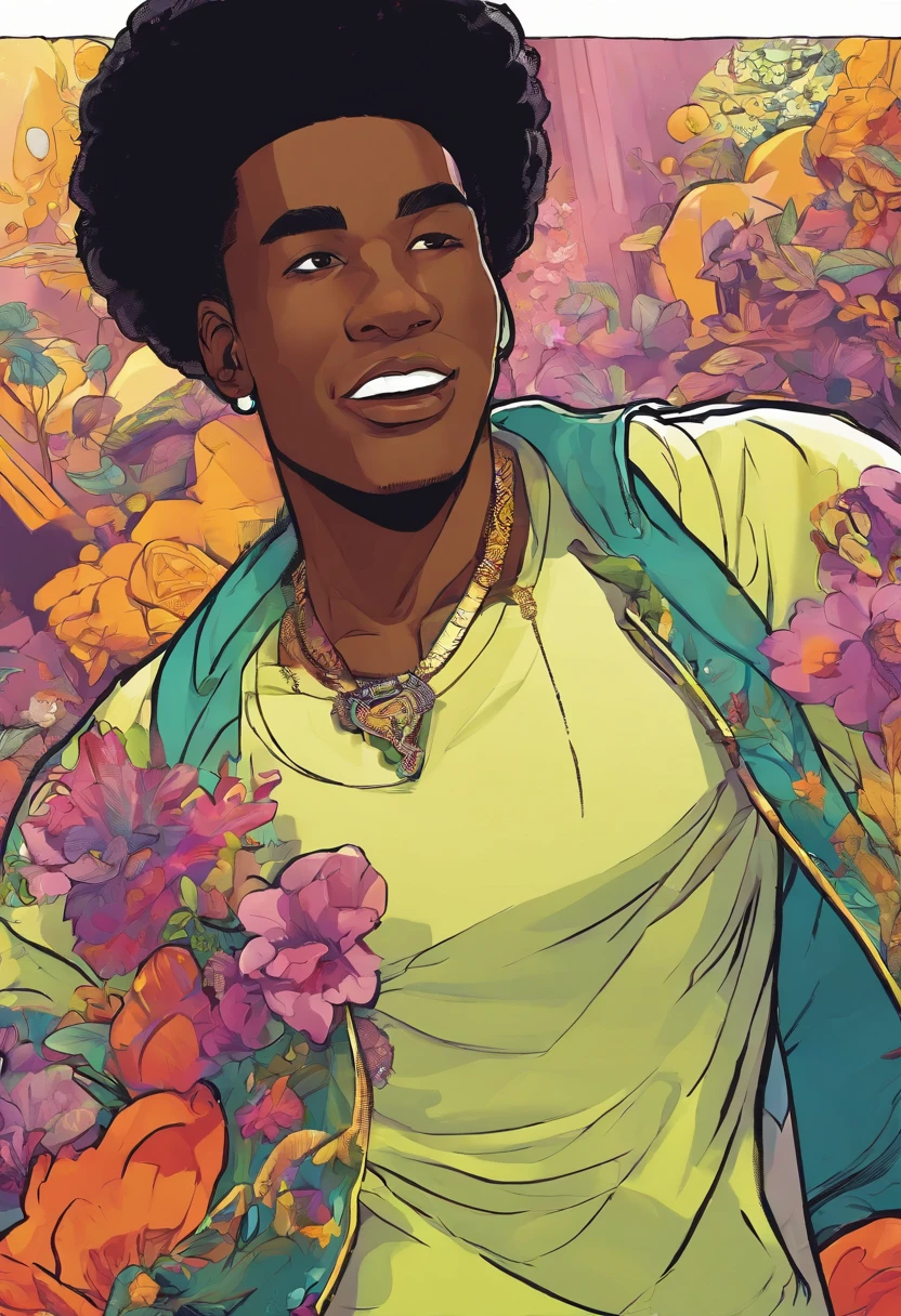 a close up of a dark skin person wearing casual clothes, happy