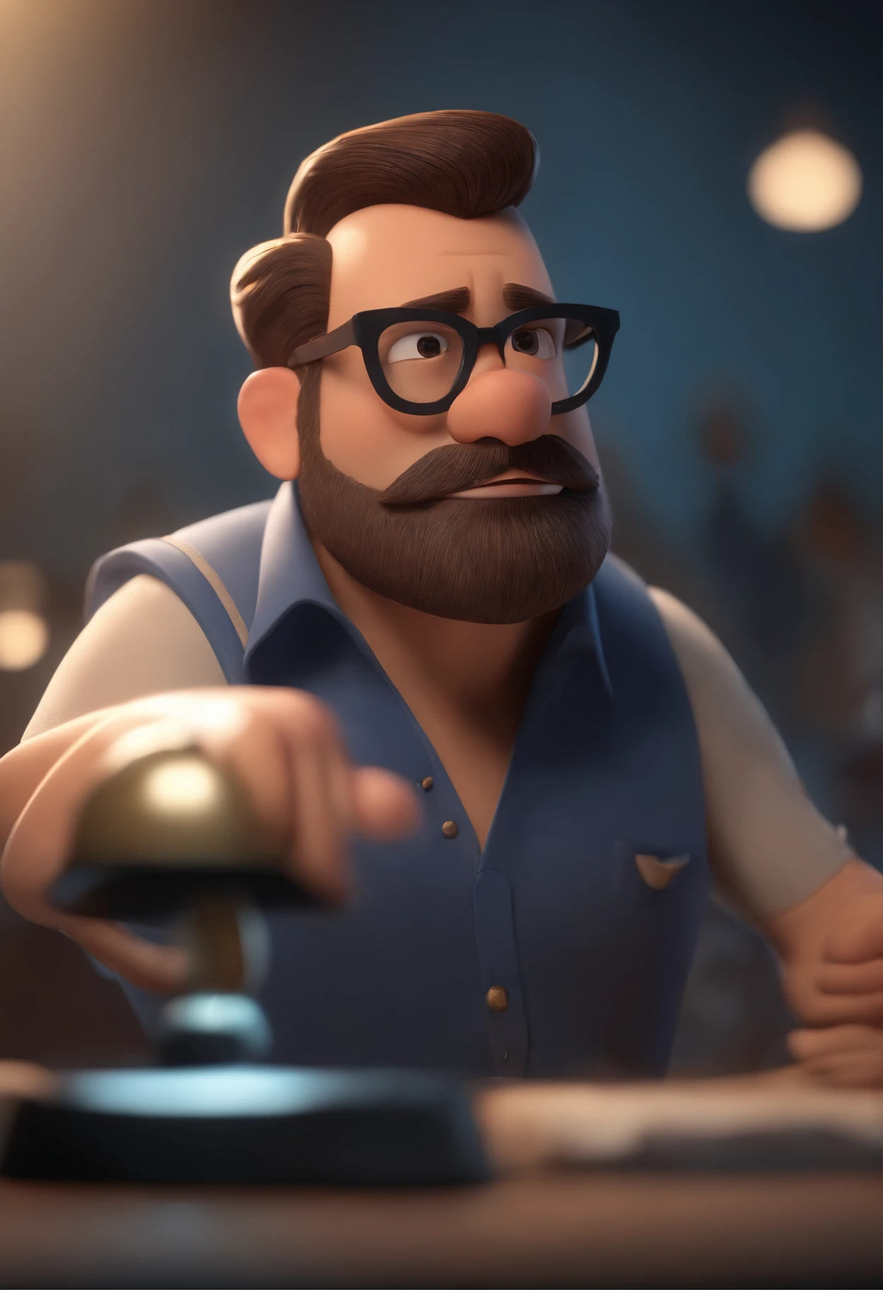 Cartoon character of a man wearing black glasses and a blue shirt, um personagem animado, Caractere estilizado, animation style rendering, 3D estilizado, Arnold Maya render, 3 d render stylized, toon render keyshot, Personagem 3D, Personagem 3D, 3d rendering stylized, 3 d character render, personagem de desenho animado, Personagem de close up, Pose de personagem, (Estilo Pixar) (master part:1.2) (Bokeh) (best quality) (pele detalhada) (textura detalhada) (8k) (argila) (Cinematic lighting) (foco nítido,Senta e vaza a parte superior do corpo