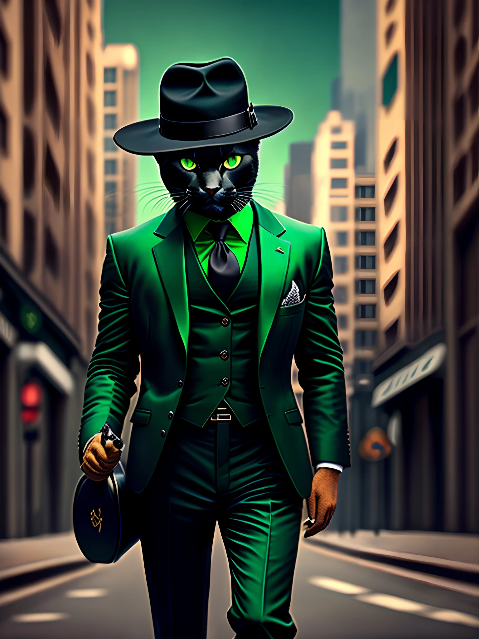 Black cat, green eyes, 4k, realistic, in a 3 piece patch suit, in a city, with a fedora