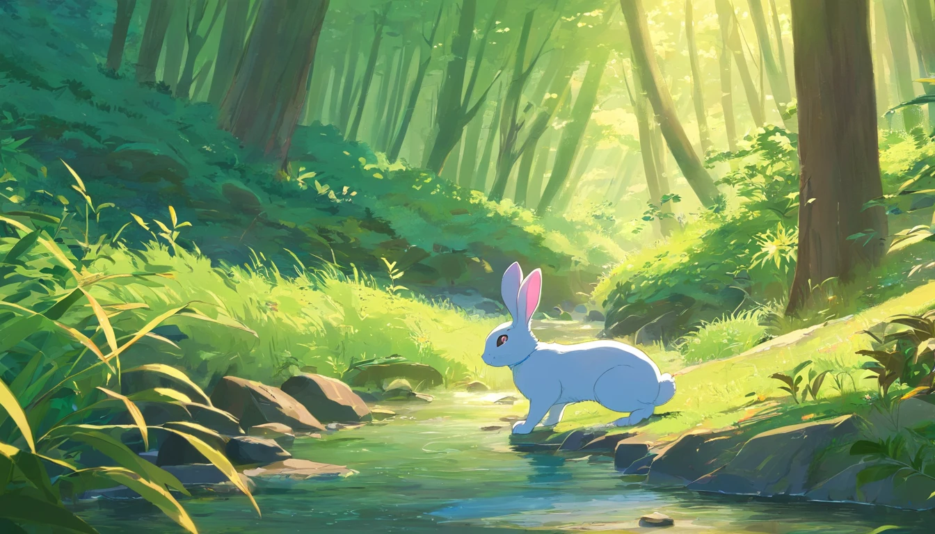 a very wise rabbit in the forest near a stream hiper -realistic style, Pixar, Disney Style