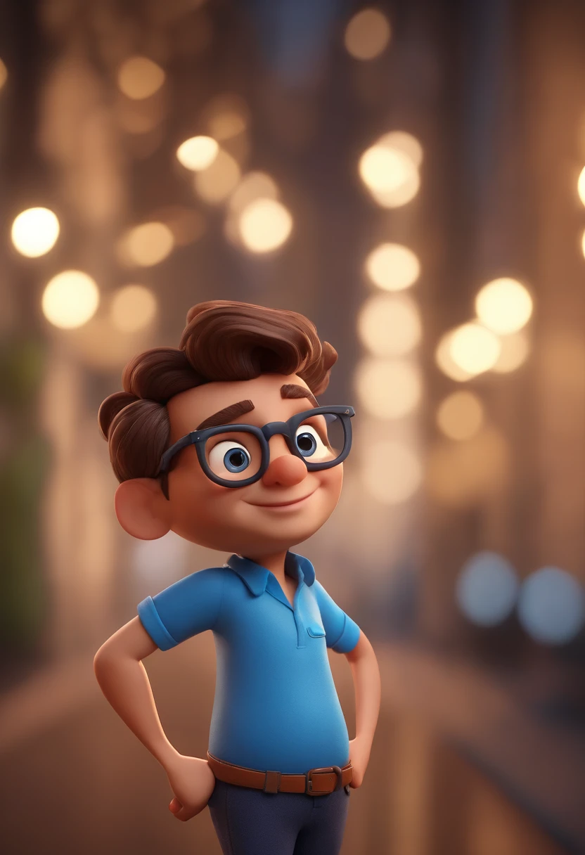 Cartoon character of a man wearing black glasses and a blue shirt, um personagem animado, Caractere estilizado, animation style rendering, 3D estilizado, Arnold Maya render, 3 d render stylized, toon render keyshot, Personagem 3D, Personagem 3D, 3d rendering stylized, 3 d character render, personagem de desenho animado, Personagem de close up, Pose de personagem, (Estilo Pixar) (master part:1.2) (Bokeh) (best quality) (pele detalhada) (textura detalhada) (8k) (argila) (Cinematic lighting) (foco nítido，Senta e vaza a parte superior do corpo