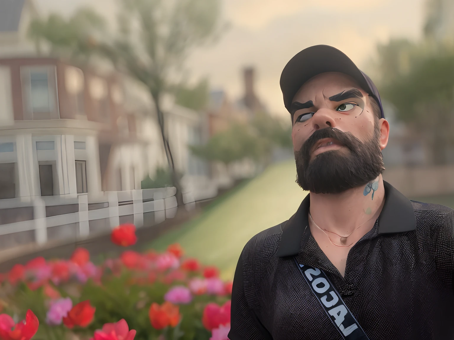 There is a man with a beard and a hat standing in front of a flower ...