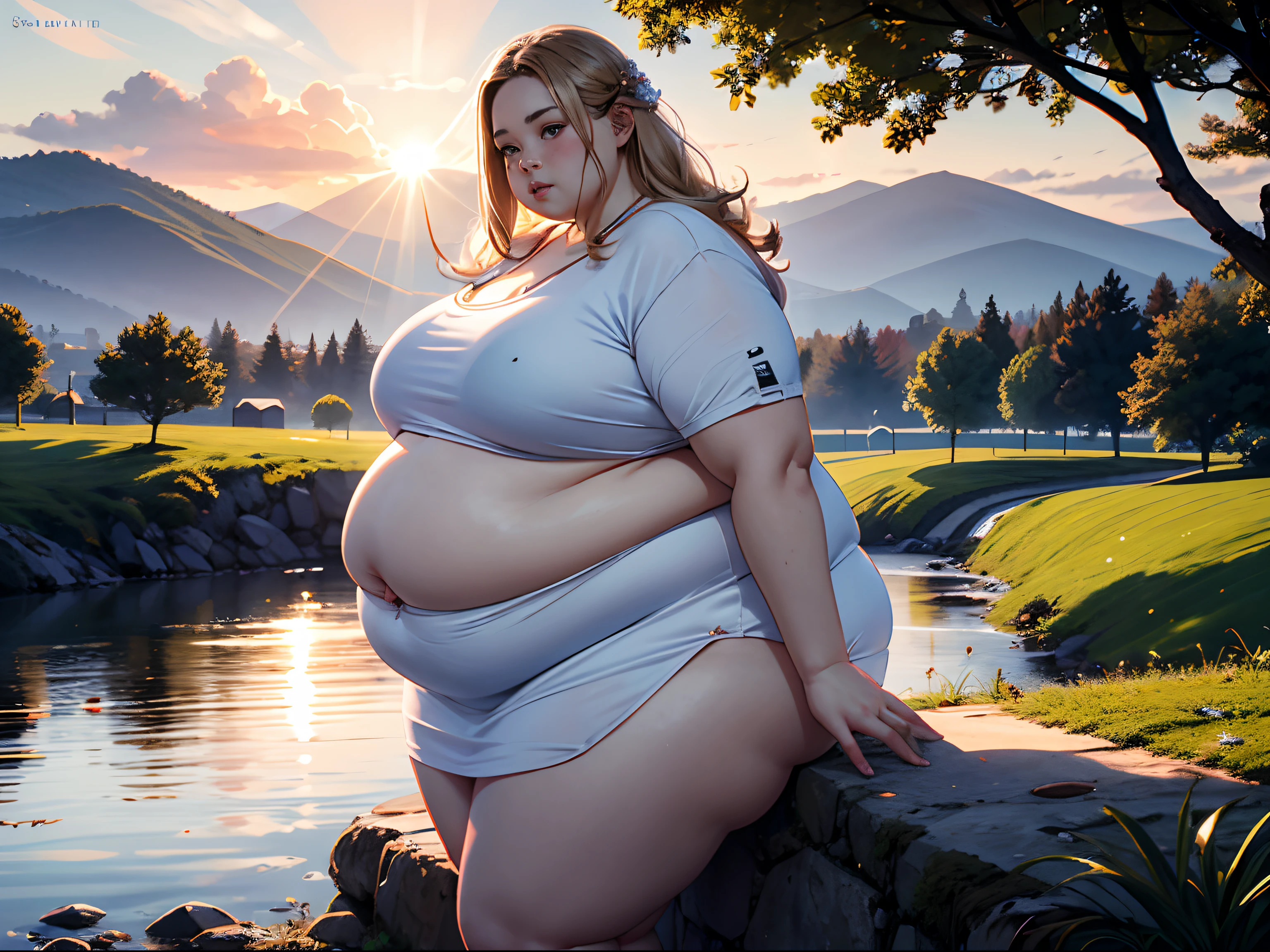 Rule_of_thirds, 1 girl, extremely obese, (obese belly):1.7, (obese legs):1.5, fat rolls, SSBBW Adeline body, Serene expression, mesmerizing eyes, gorgeous supermodel face, straight long blonde hair, flowing dress, poised posture, porcelain skin, subtle blush, crystal pendant
BREAK
golden hour, (rim lighting):1.2, warm tones, sun flare, soft shadows, vibrant colors, painterly effect, dreamy atmosphere
BREAK
scenic lake, distant mountains, willow tree, calm water, reflection, sunlit clouds, peaceful ambiance, idyllic sunset, ultra detailed, official art, unity 8k wallpaper
, zentangle, mandala