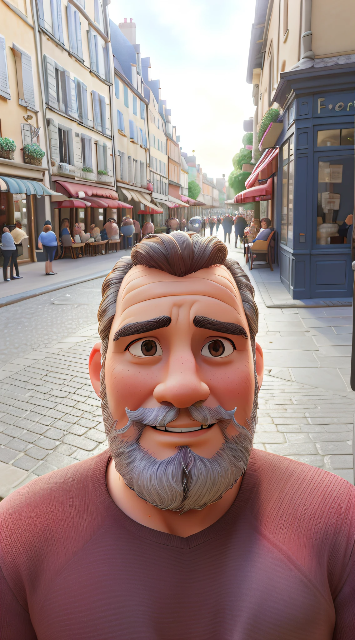 a man with a beard in a street in France,medium:oil painting,vivid colors,realistic,beautiful detailed architecture, cobblestone street,historic buildings,twinkling streetlights,romantic ambiance,bustling atmosphere,classic French charm,flower-filled window boxes,quaint cafes,accordion music playing in the background,colored awnings,people enjoying a leisurely stroll,aromatic scent of freshly baked croissants and baguettes,soft morning light casting shadows on the buildings,narrow alleyways leading to hidden gems,Renaissance-style fountains,artists capturing the scene on their easels,curved wrought iron balconies,old-fashioned lampposts,flag of France waving gently in the breeze,impeccably dressed locals sipping coffees at outdoor cafes,the distant sound of the Seine flowing by,hearty laughter and lively conversations,majestic cathedrals towering over the cityscape,old charm blended with modern elegance,flowers blooming in vibrant hues,enticing patisseries showcasing mouthwatering pastries,bokeh lights twinkling like stars in the night sky,architectural details telling stories of the past. (best quality,ultra-detailed,photorealistic:1.37),classic French paintings hanging in a gallery window,enticing aromas of French cuisine wafting through the air,reflections of the street in rain-soaked pavement,rosy sunset casting a warm glow on the scene,whisper of a gentle breeze carrying the scent of lavender,an air of sophistication and elegance, a scene straight out of a postcard capturing the essence of Parisian life.