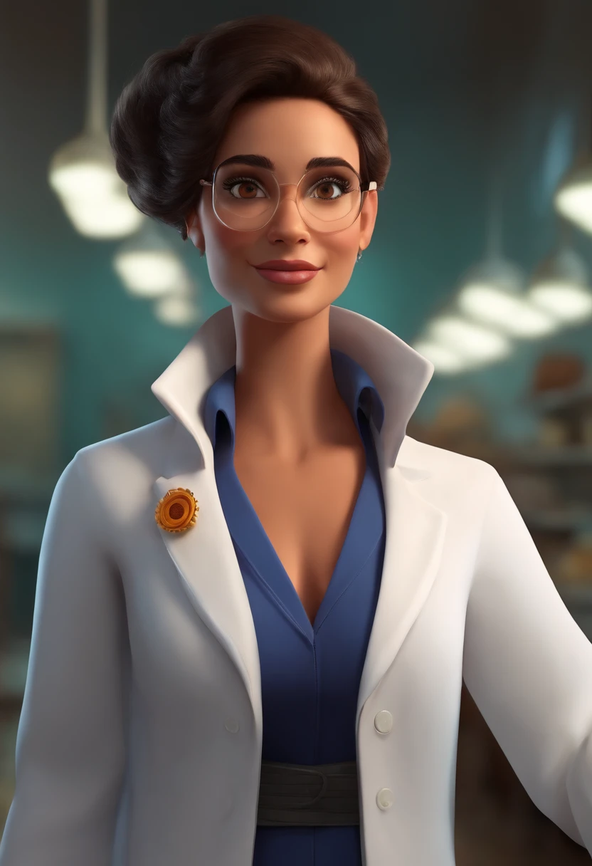 Create a pixar-style character inside a lab coat. Personagem morena