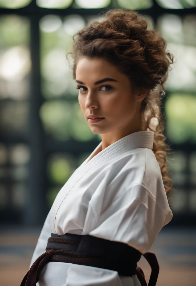 Solo girl with brown and curly hair wearing karate kimono and black belt