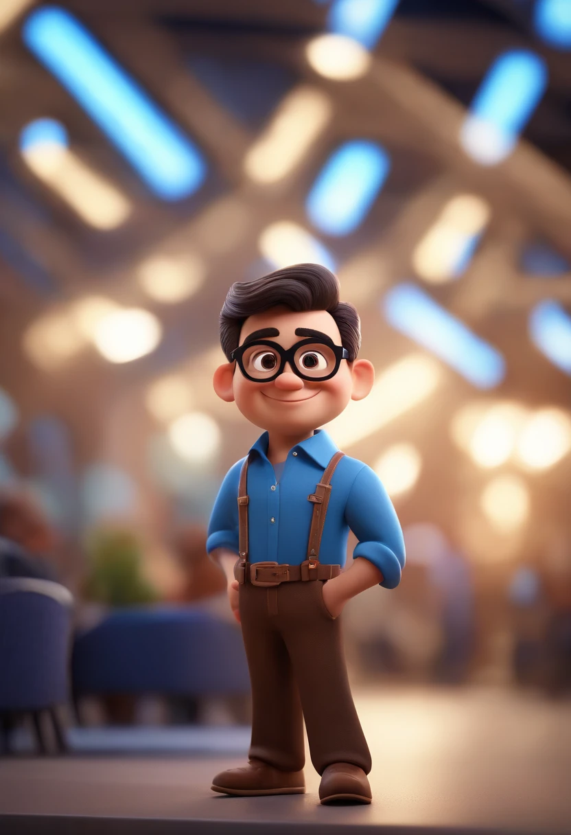 Cartoon character of a man wearing black glasses and a blue shirt, um personagem animado, Caractere estilizado, animation style rendering, 3D estilizado, Arnold Maya render, 3 d render stylized, toon render keyshot, Personagem 3D, Personagem 3D, 3d rendering stylized, 3 d character render, personagem de desenho animado, Personagem de close up, Pose de personagem, (Estilo Pixar) (master part:1.2) (Bokeh) (best quality) (pele detalhada) (textura detalhada) (8k) (argila) (Cinematic lighting) (foco nítido,Senta e vaza a parte superior do corpo