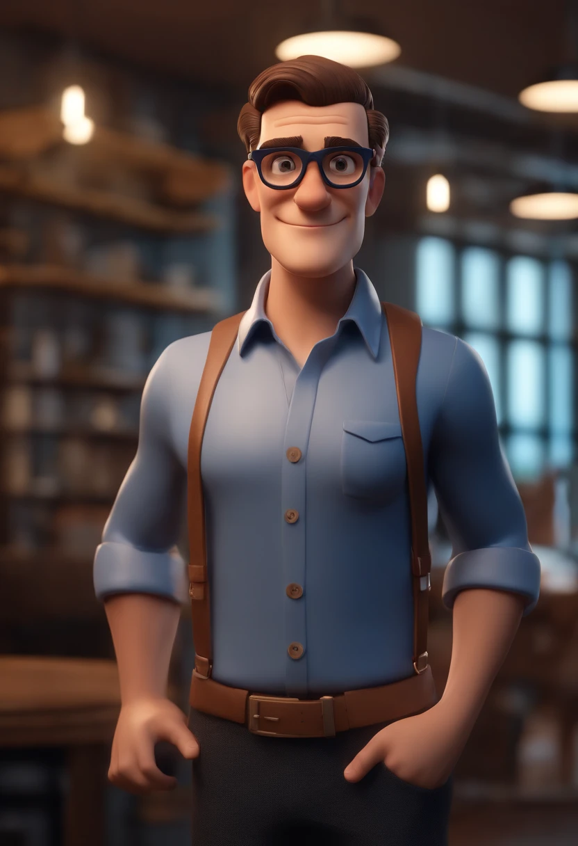 Cartoon character of a man wearing black glasses and a blue shirt, um personagem animado, Caractere estilizado, animation style rendering, 3D estilizado, Arnold Maya render, 3 d render stylized, toon render keyshot, Personagem 3D, Personagem 3D, 3d rendering stylized, 3 d character render, personagem de desenho animado, Personagem de close up, Pose de personagem, (Estilo Pixar) (master part:1.2) (Bokeh) (best quality) (pele detalhada) (textura detalhada) (8k) (argila) (Cinematic lighting) (foco nítido，Senta e vaza a parte superior do corpo