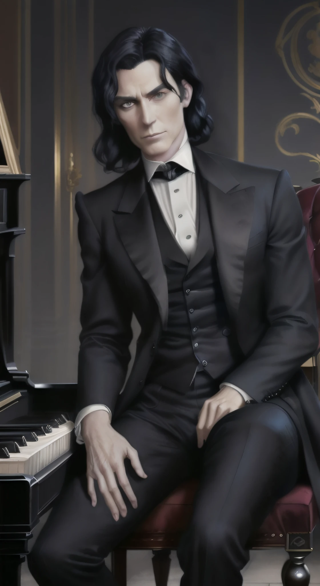 painting of a man in a tuxedo sitting in front of a piano, tuxedo, epic and classy portrait, beautiful androgynous prince, adi granov, tom bagshaw portrait, delicate androgynous prince, dignified aristocrat, highly detailed exquisite fanart, tom bagshaw donato giancola, sebastian michaelis, detailed fanart, digital art of an elegant