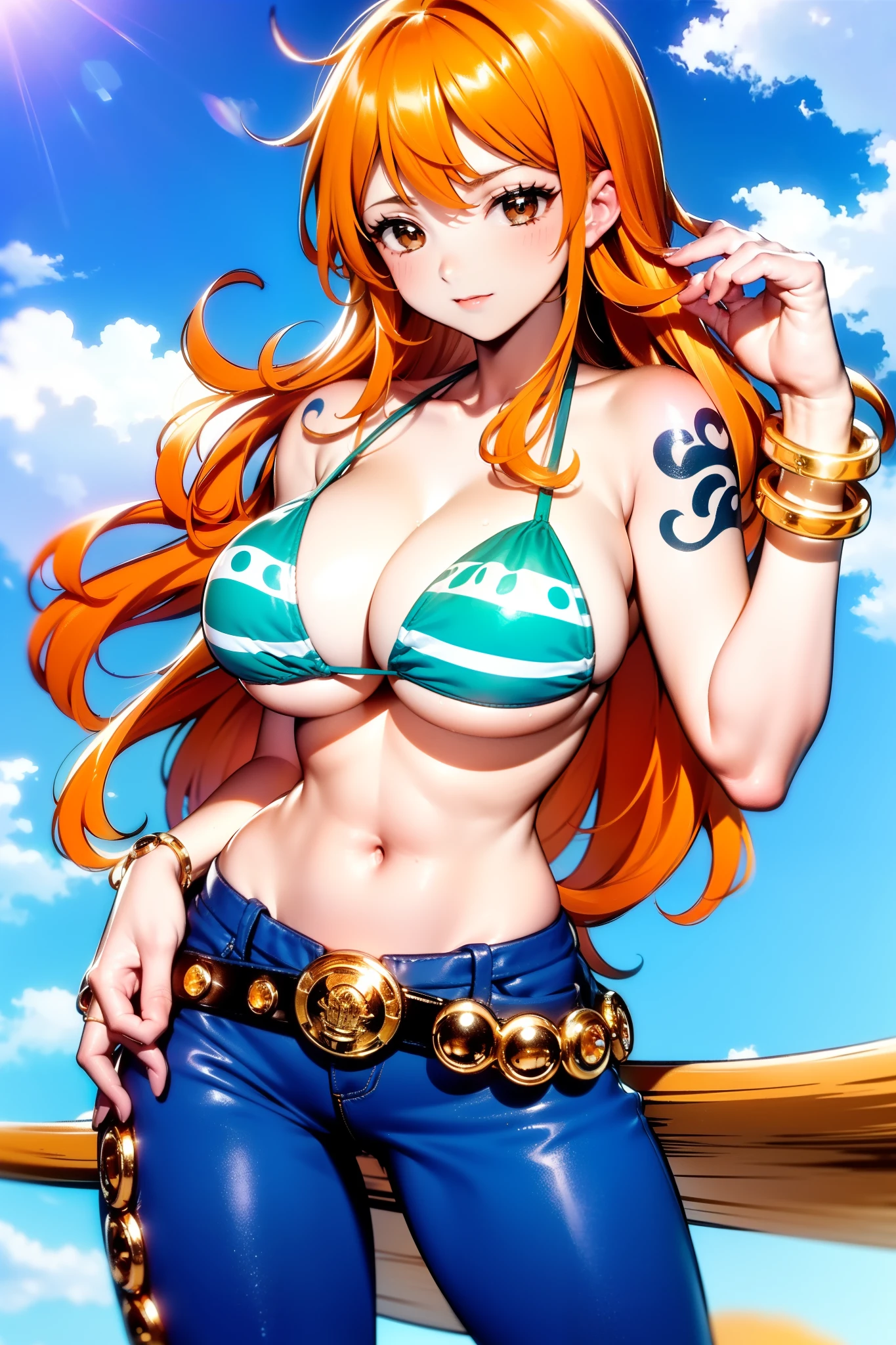 ((巨作)) ((Best Quality)) ((A highly detailed)) ((1Woman)) ((bikini)) ((bikini top only)) ((orange long hair)) ((silky long hair)) ((Right shoulder tattoo)) ((tall ;)) ((One Piece Nami)) ((Nami)) ((wet body)) ((big tits)) ((Attractive eyes)) ((sharp eyes)) ((slim body)) ((High-precision shades)) ((Attractive colors)) ((sky blue)) ((Log pose on her hand)) ((gold bracelets)) , tight , Low length jeans , Light shadows