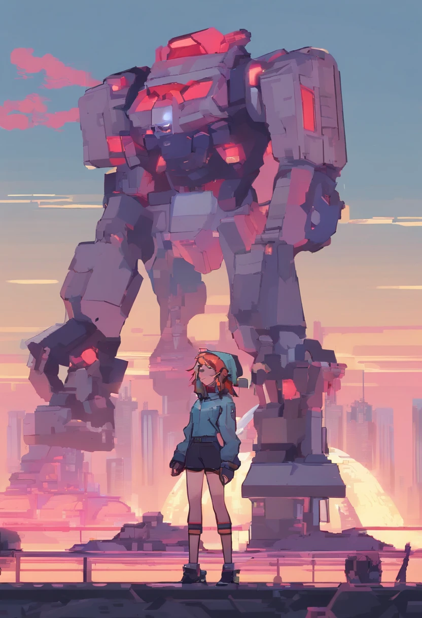 anime girl in short shorts and jacket standing next to giant robot, artwork in the style of guweiz, cyberpunk anime girl mech, trending on cgstation, guweiz, by Russell Dongjun Lu, digital cyberpunk anime art, ross tran 8 k, guweiz on artstation pixiv, girl in mecha cyber armor