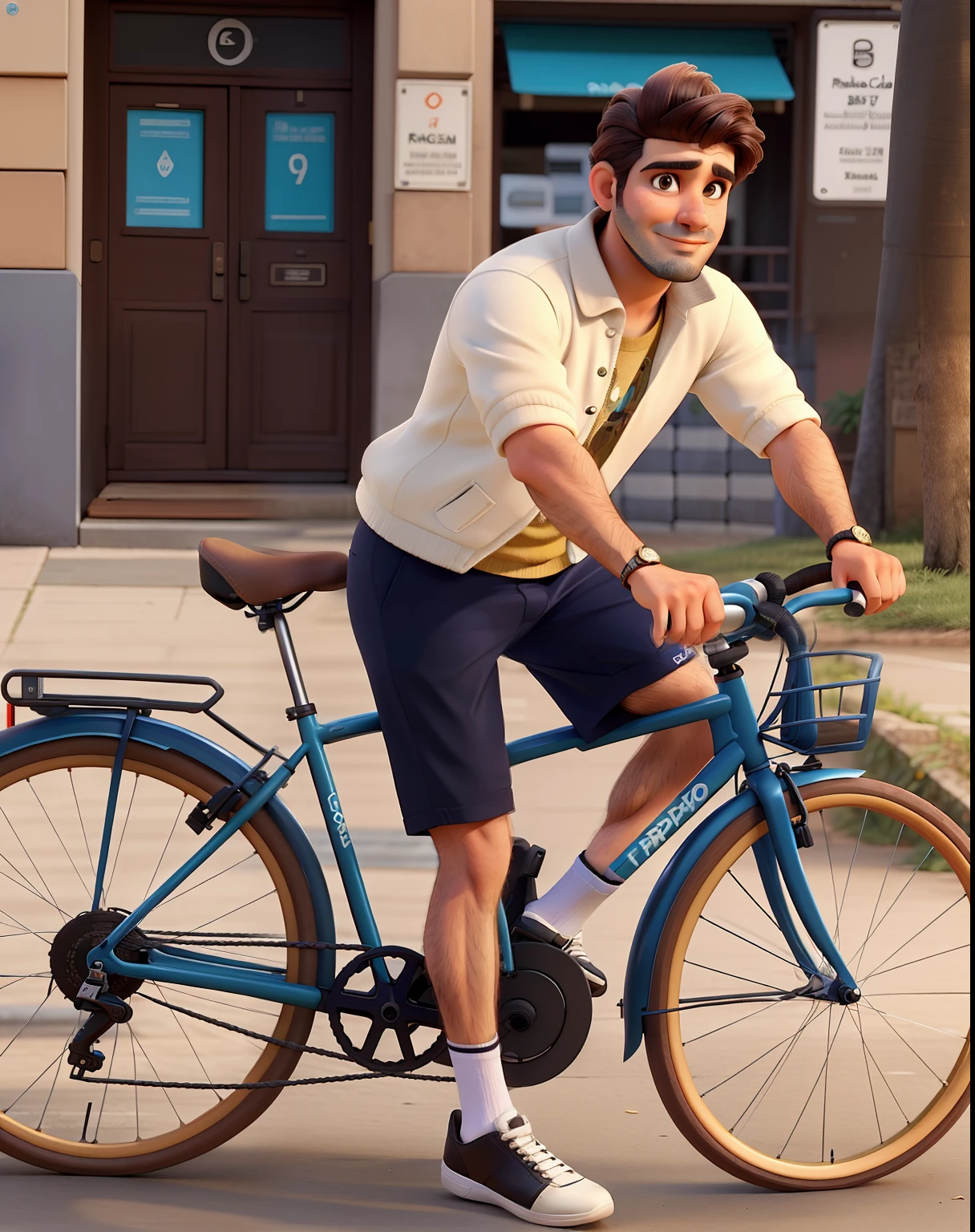 Um rapaz de 35 anos pardo barba e cavahaque, ciclista cabelo estilo degrade, numa estrada com sua bicicleta