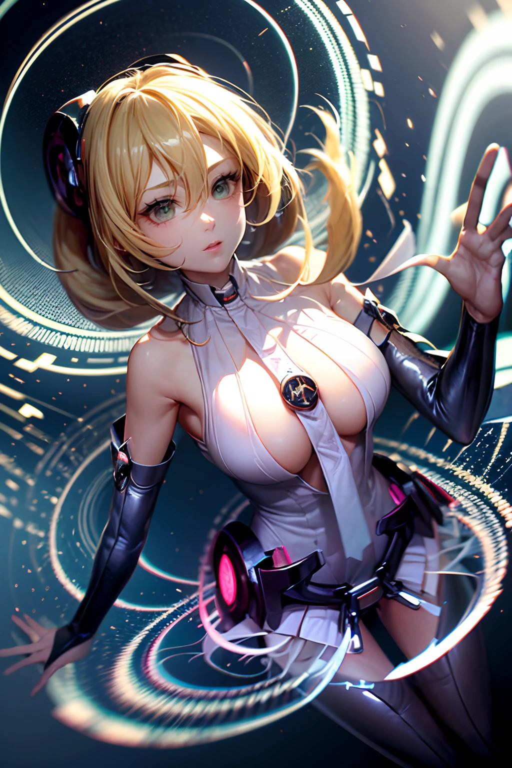 (Obra maestra:1.2), (La mejor calidad:1.2), Perfect lighting, Chica Maga Oscura lanzando un hechizo, flotando en el aire, Levitating over a magic circle , Portal de Circle, tetas grandes, escote abierto, fondo de magia. Pose sejustiva y sexy