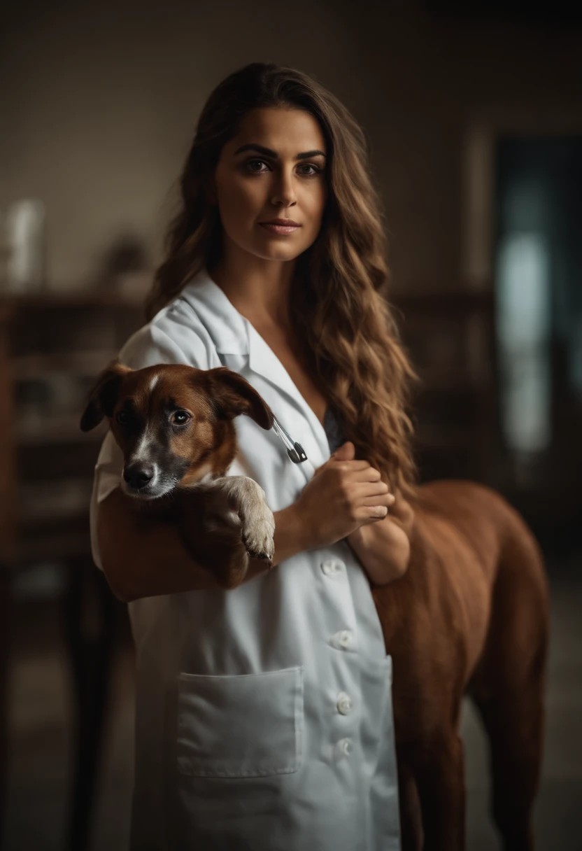 garota de olhos castanhos escuros, cabelos castanho avermelhado, with veterinarian clothes