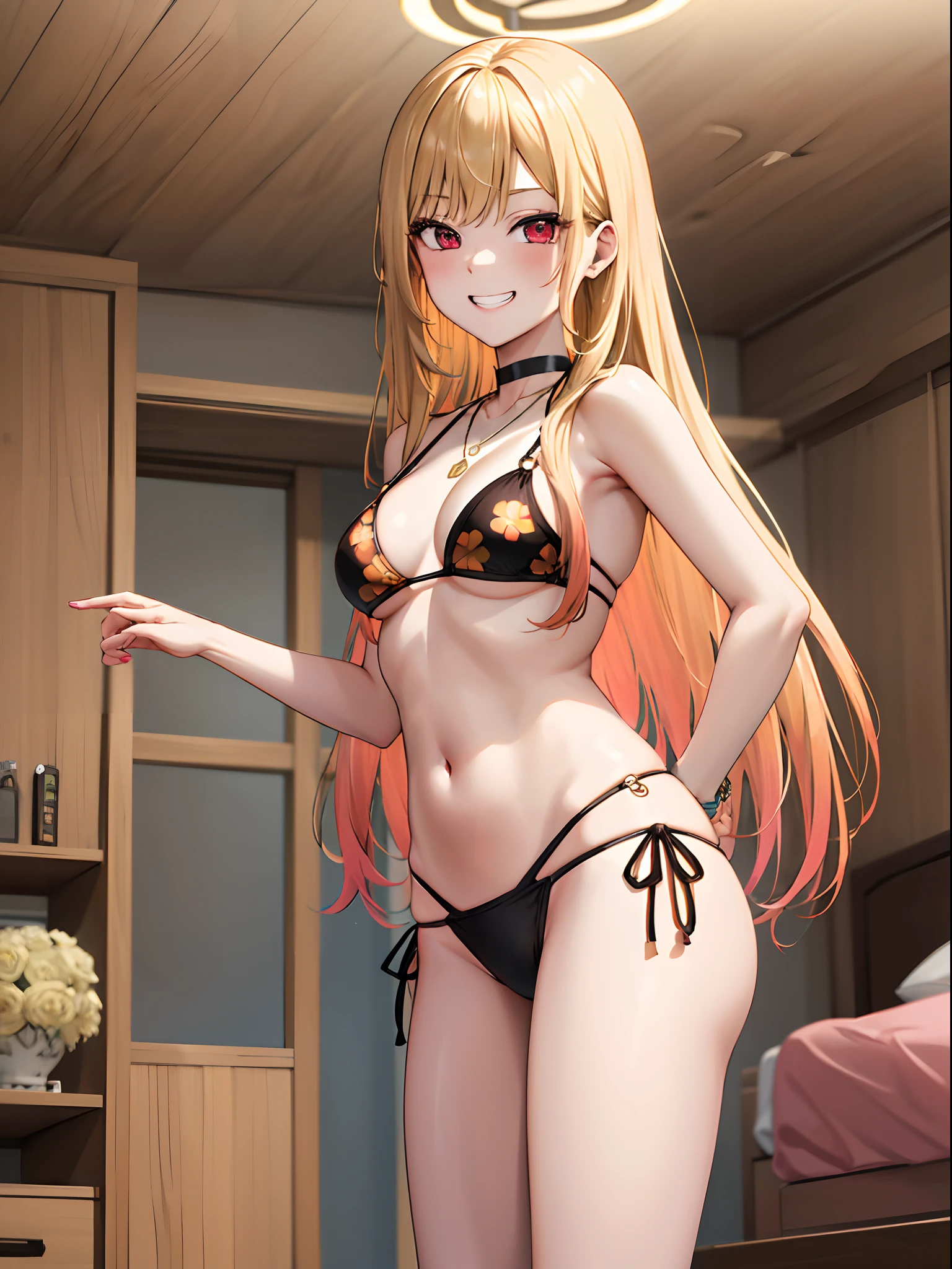 masterpiece, best quality, highres, kitagawa marin, 1girl, blonde hair, long hair, multicolored hair, red eyes, jewelry, necklace, choker, black bikini, floral print, bracelet, side-tie bikini bottom, cowboy shot, indoors, room, standing, grin, straight-on, arms at sides