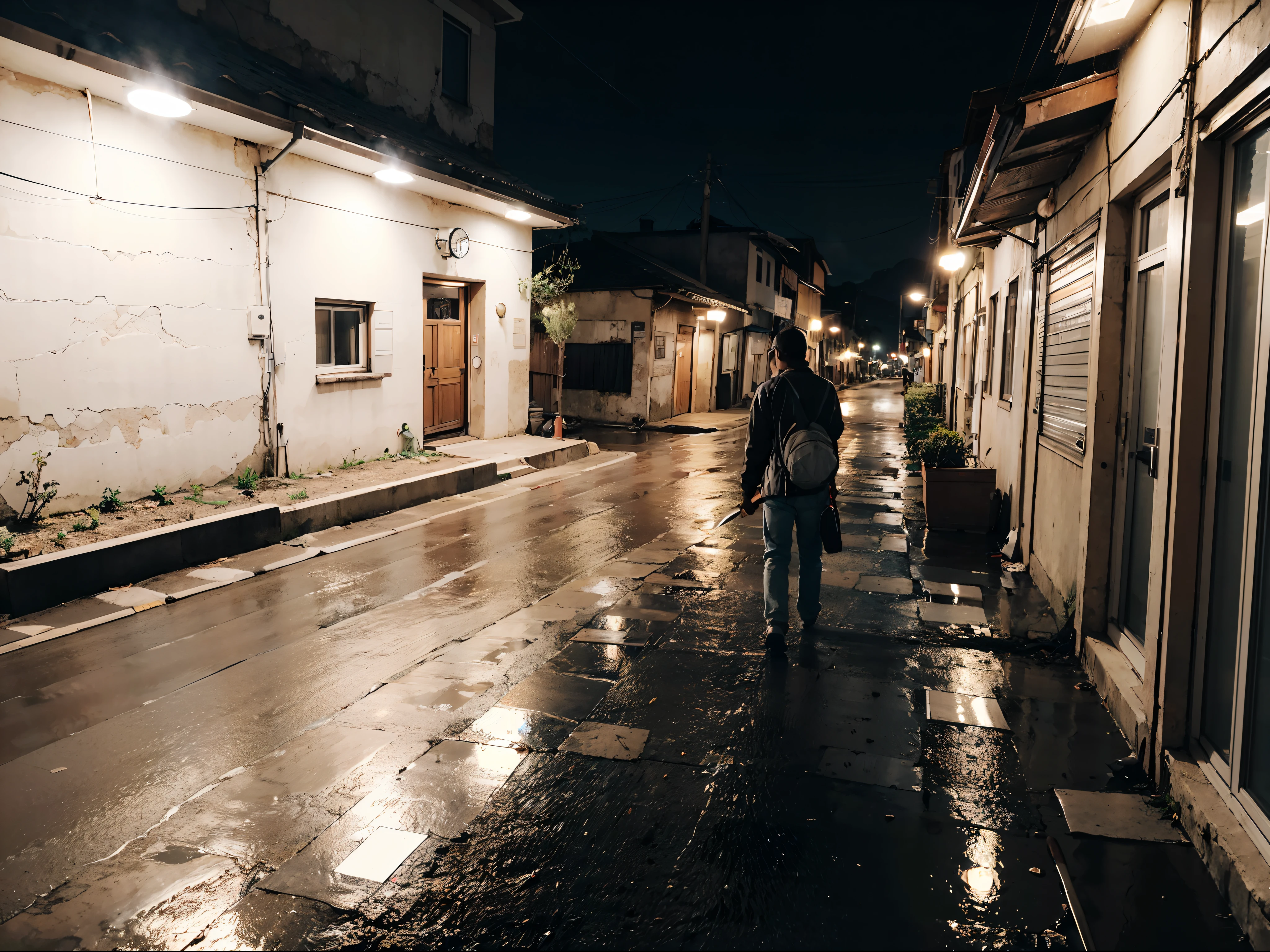 altamente detalhado, High-resolution 4k image. em um beco escuro, de noite, In open air. Indirect lighting that comes from the windows of nearby buildings. Smoke billowing from the boos ahead. Um homem magro e muito alto anda com a camisa preta toda rasgada e sangrando. o Grande, messy hair.  O olho brilha em vermelho. In your hand a hockey stick. In the other hand a large knife. On the floor a little luxury and boxes with rats walking around. The wet floor from the rain reflects the lights from nearby windows. O fundo esta desfocado.