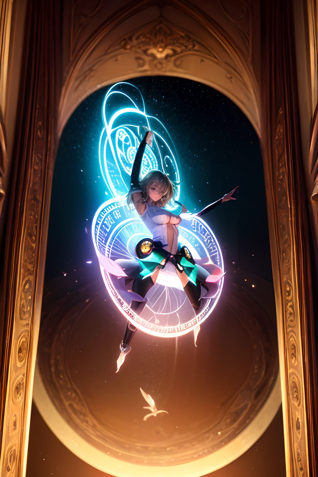 (Obra maestra:1.2), (La mejor calidad:1.2), Perfect lighting, Chica Maga Oscura lanzando un hechizo, flotando en el aire, Levitating over a magic circle , Portal de Circle, tetas grandes, escote abierto, fondo de magia. Pose sejustiva y sexy
