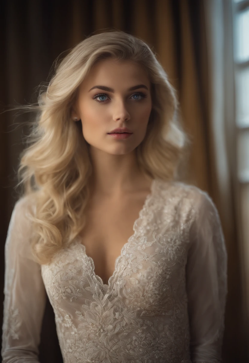 Cette belle fille nommée Madison, yeux bleus, blond blond court-moyen blond, portant ses vêtements décontractés et se tient debout dans sa chambre, super réaliste, humain