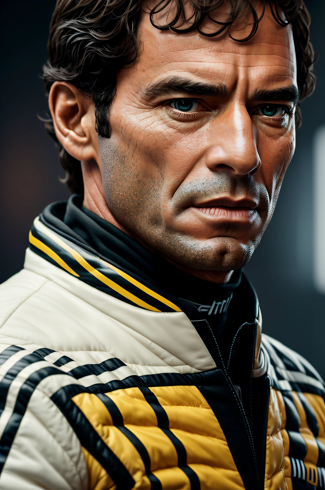 Create a photorealistic 8k portrait of Ayrton Senna if he were 63 years old today, highly detailed elements, hyperrealistic, all in high definition and 8K Ultra HD resolution, surreal portrait